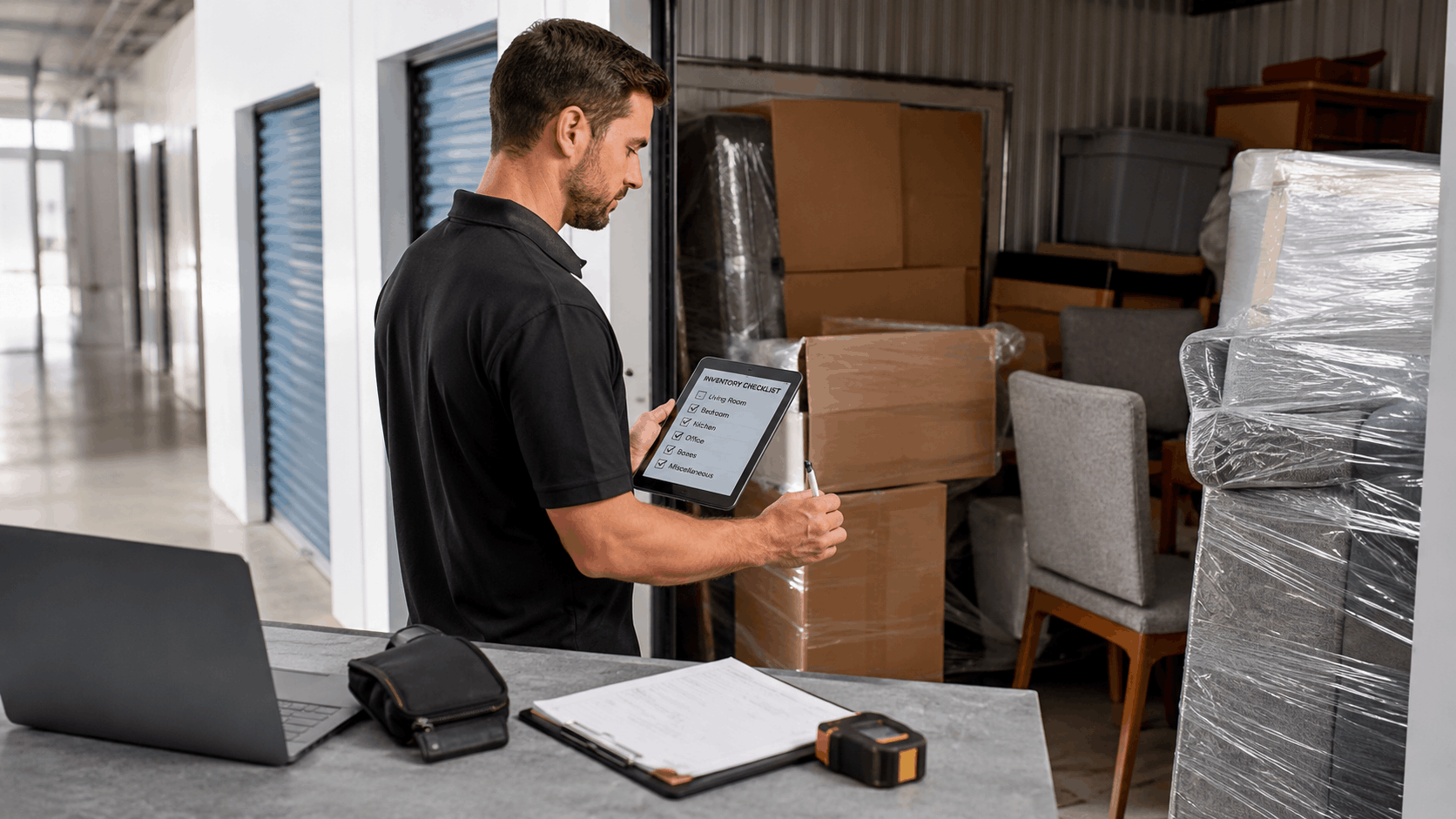 Moving company worker reviewing inventory checklist on tablet at Los Angeles storage facility