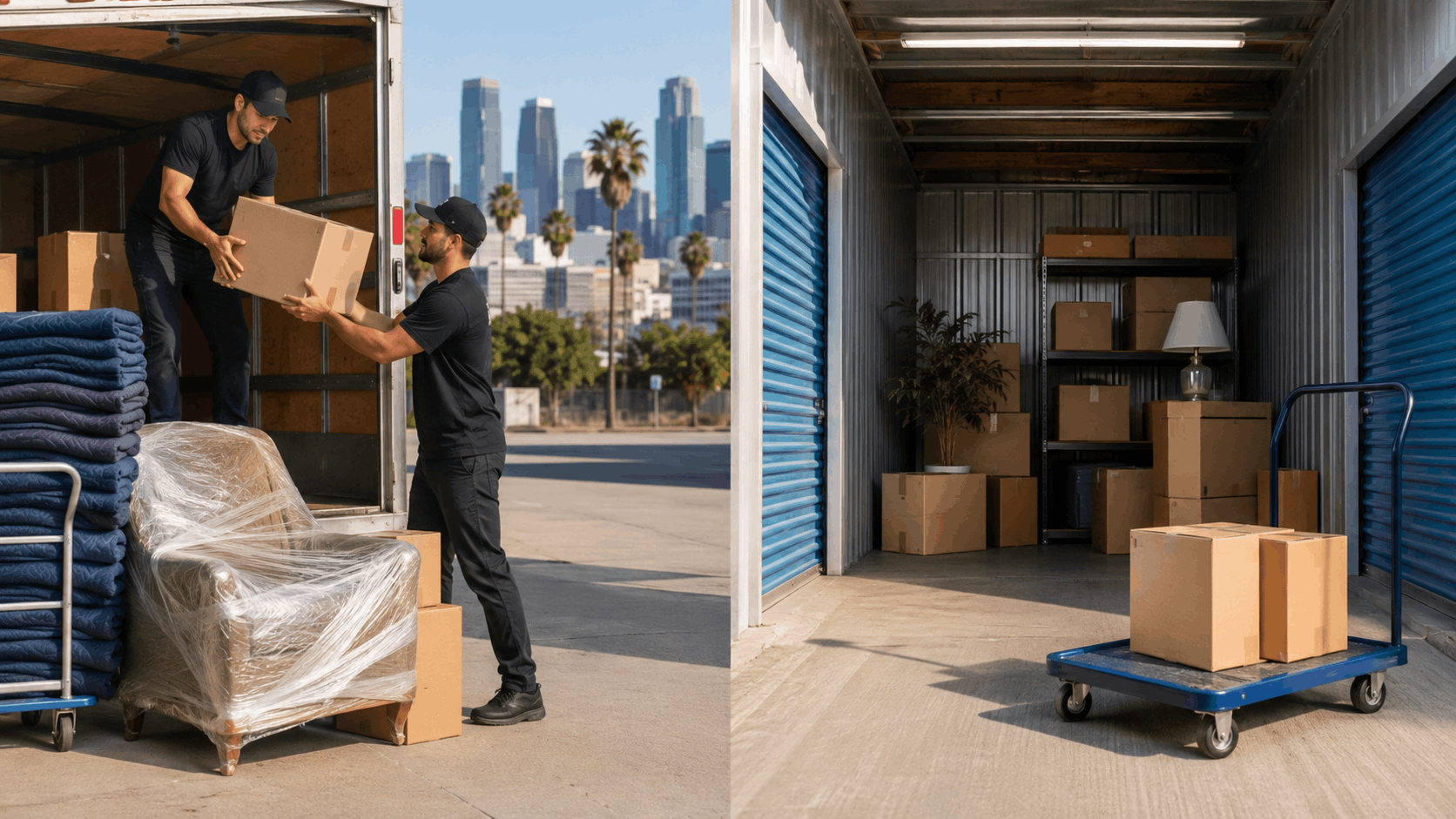 Two movers unloading boxes from moving truck beside Los Angeles skyline and storage unit