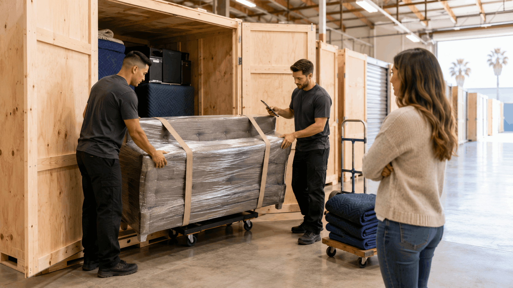 Two movers carefully loading wrapped furniture into wooden storage crate in Los Angeles warehouse