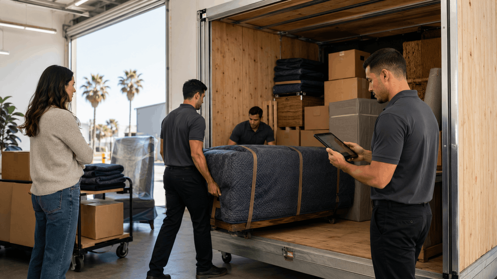 Professional movers loading furniture into storage truck while customer watches in Los Angeles