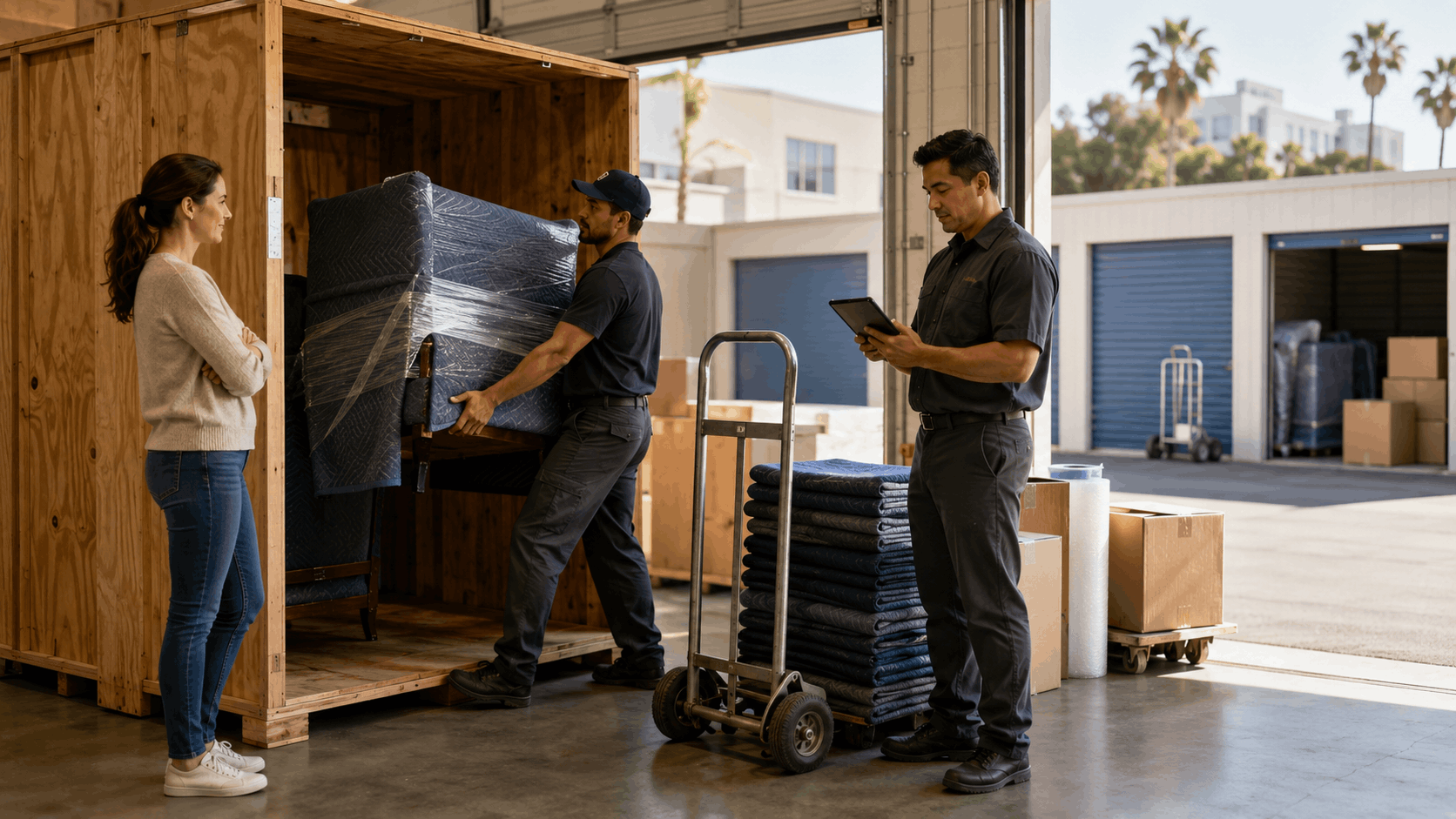 Popeye Moving crew loading wrapped furniture into wooden storage crate in Los Angeles