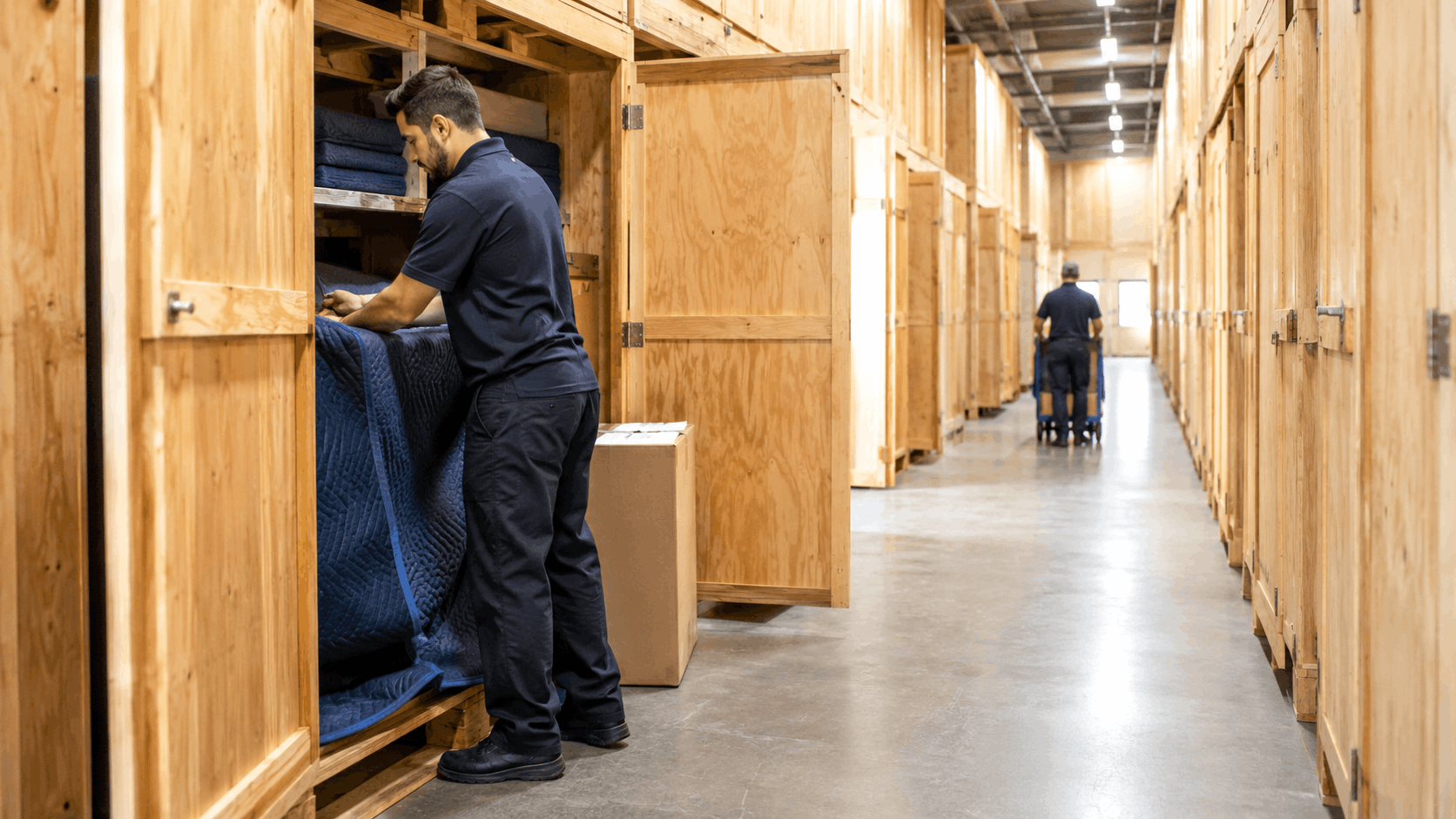 Moving workers organizing furniture blankets inside wooden storage vaults at Los Angeles warehouse facility