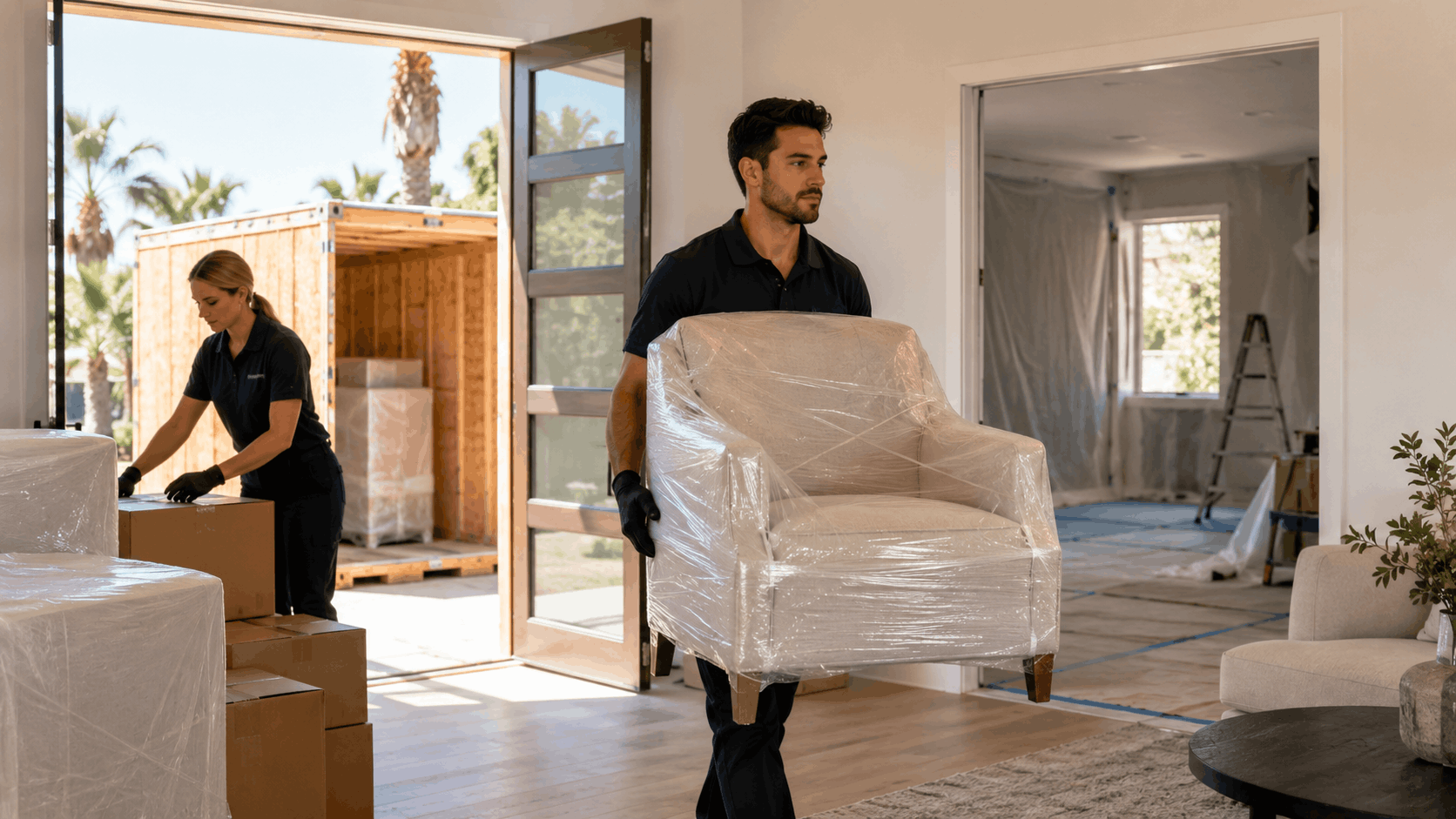 Two movers carrying wrapped furniture into a home from a storage vault