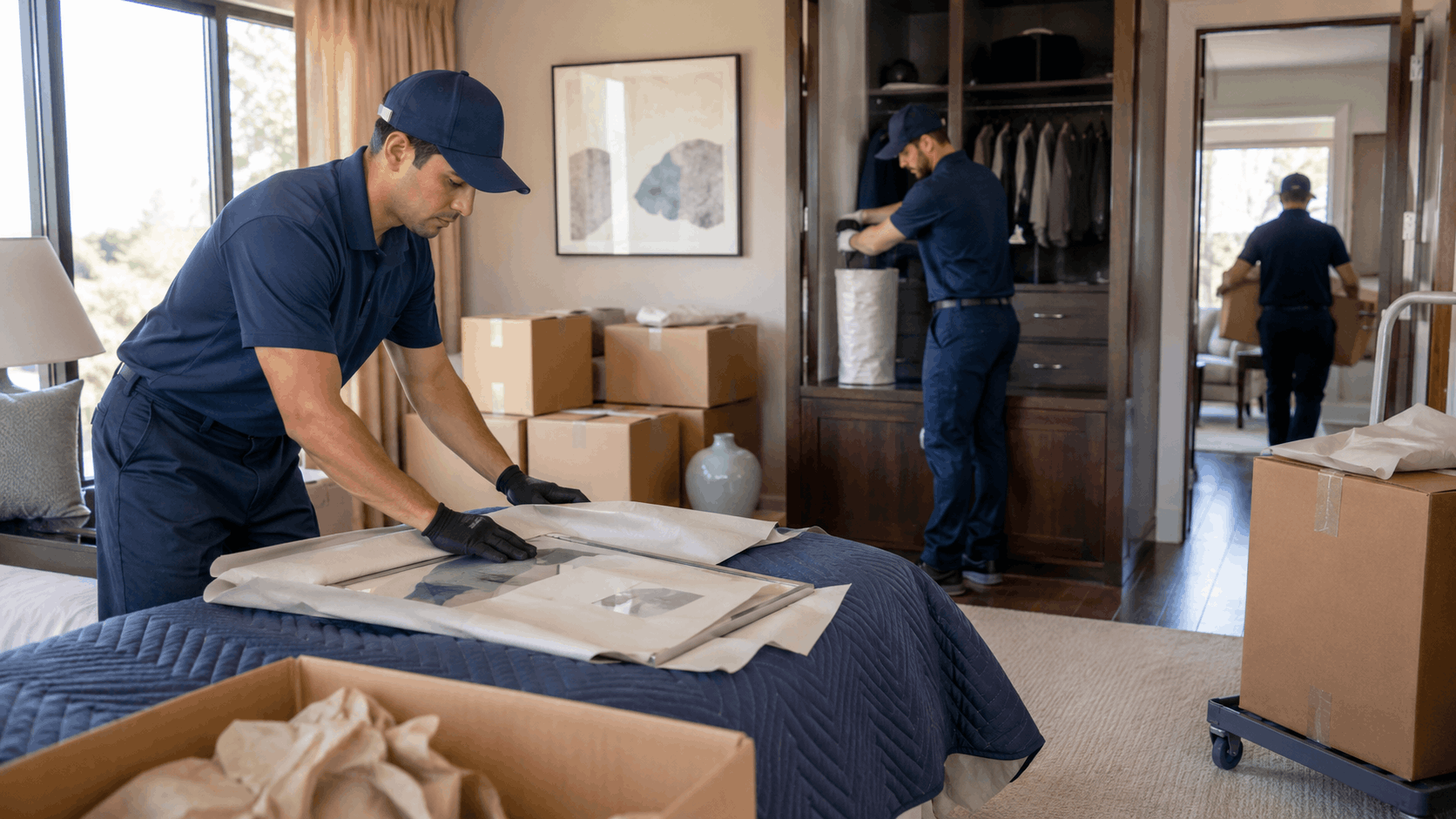 Professional movers in navy uniforms carefully packing artwork and belongings in Los Angeles bedroom