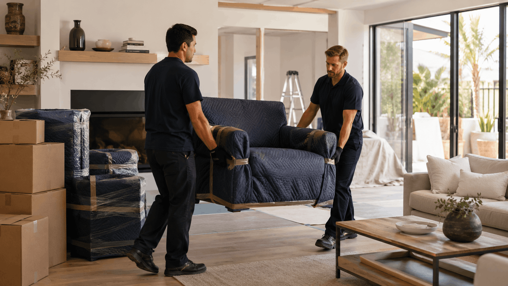Two professional movers carrying wrapped furniture in a modern Los Angeles home