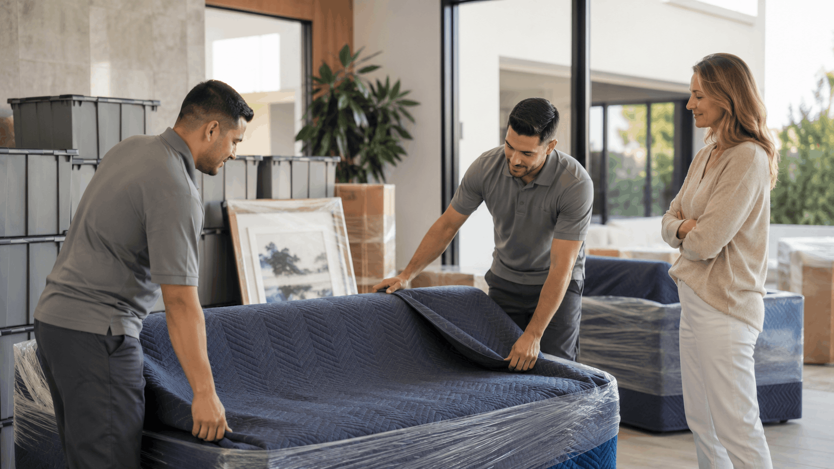 Two Popeye Moving crew members wrapping mattress while Los Angeles homeowner supervises relocation