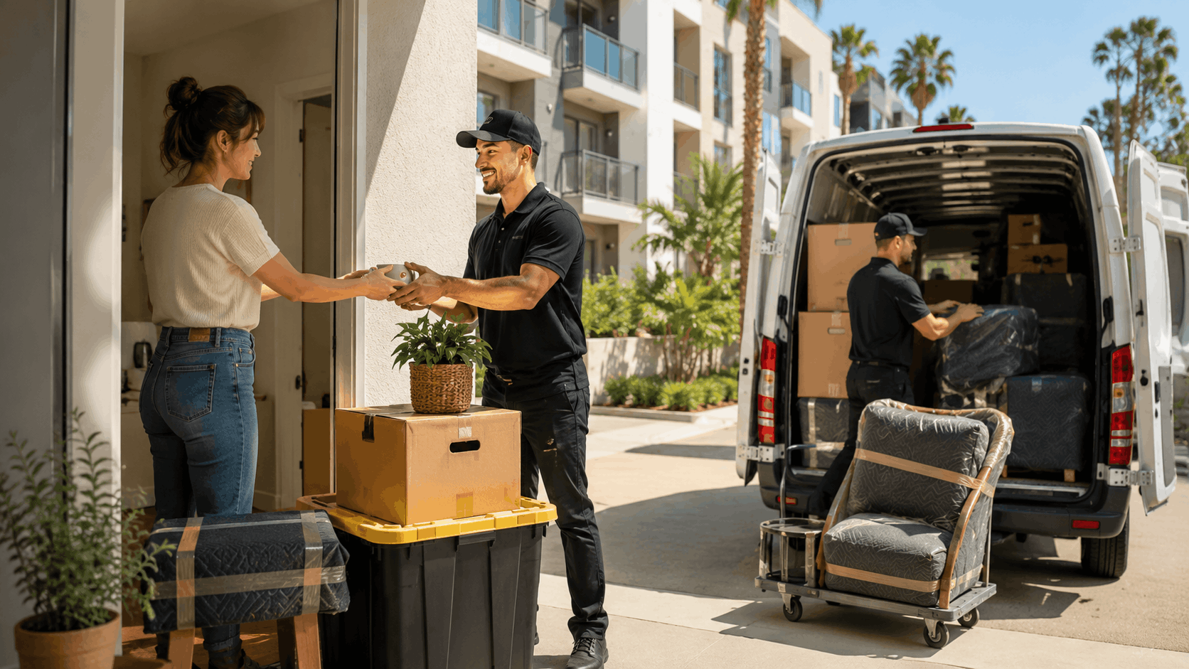 Movers in black uniforms delivering boxes and furniture to LA apartment building