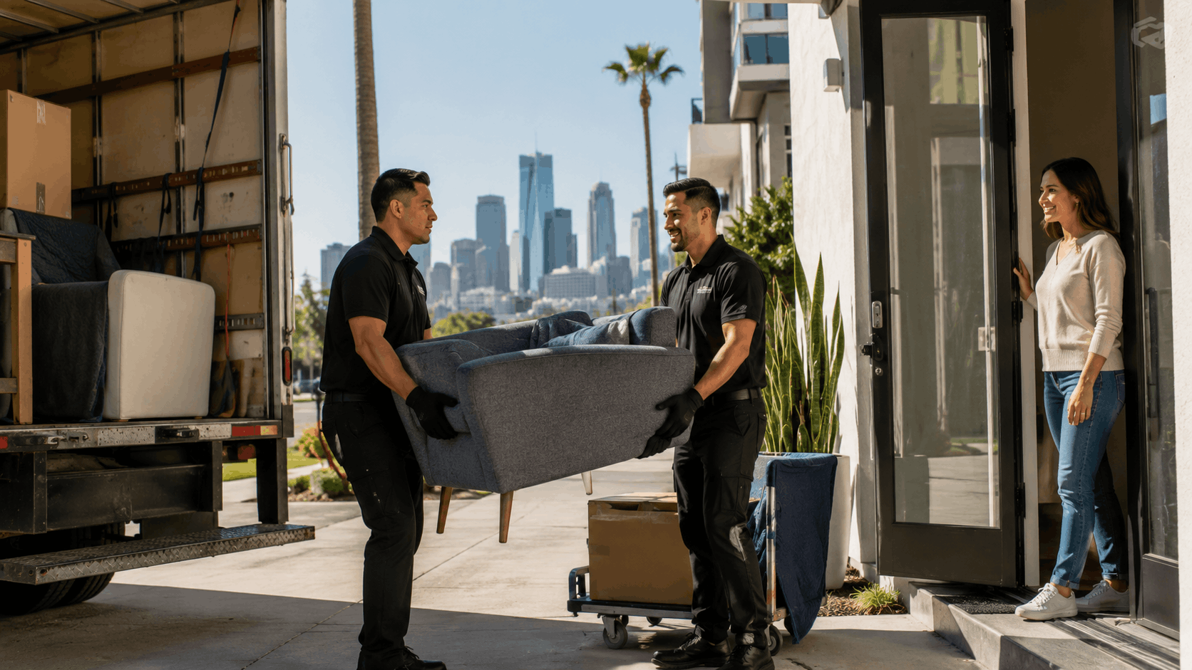 Two Popeye Moving crew members carrying sofa into Los Angeles home during delivery