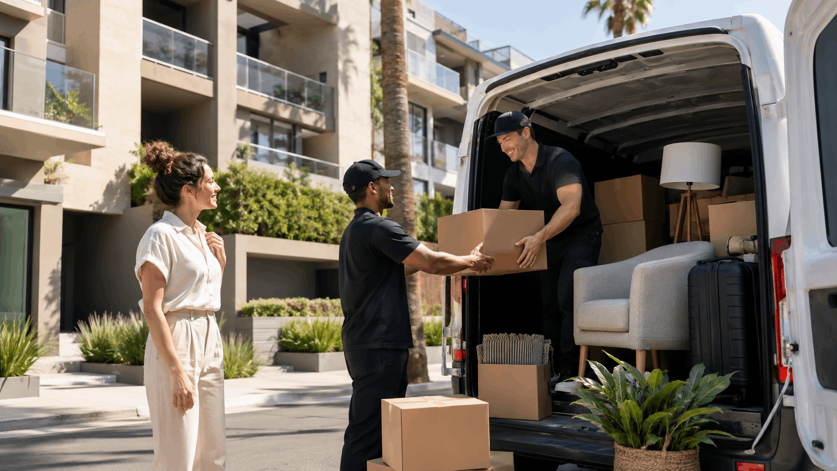 Two movers unloading boxes and furniture from van at Los Angeles apartment building