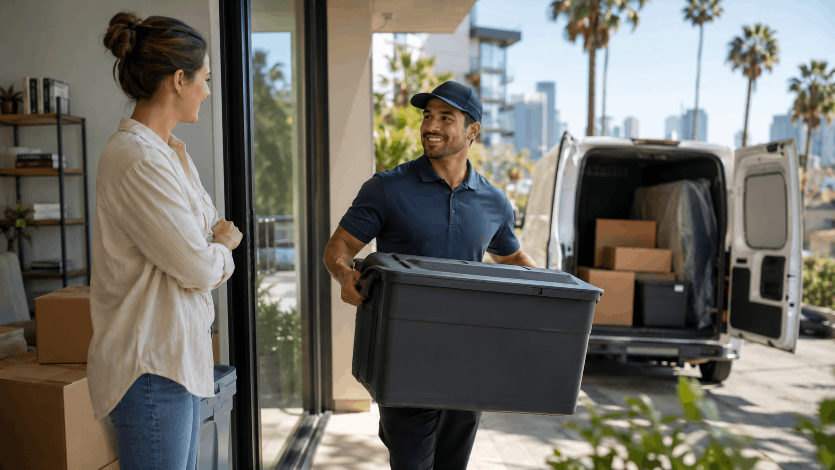 Smiling Popeye Moving employee carrying storage bin into Los Angeles home