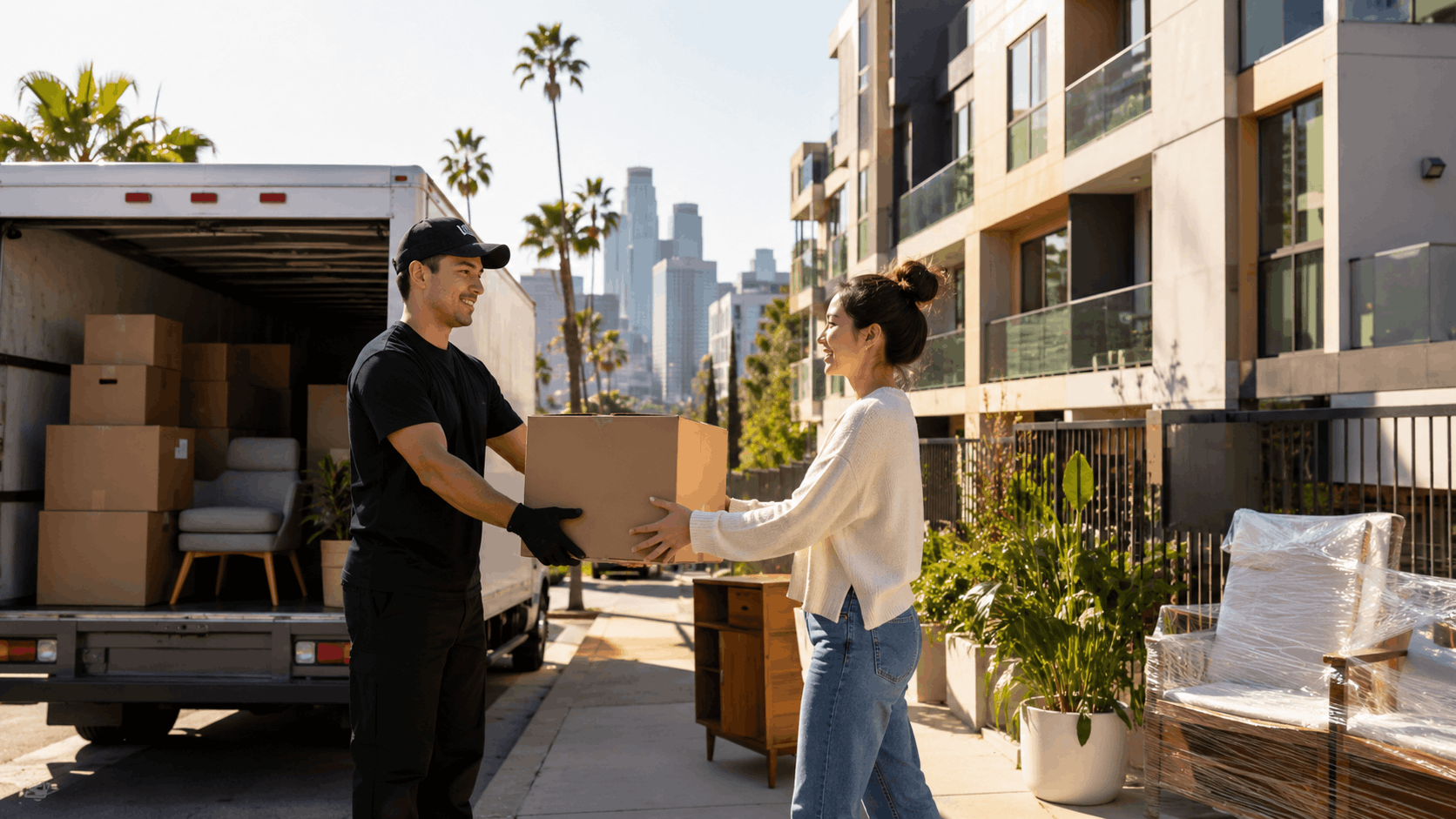 Popeye Moving crew handing cardboard box to smiling woman outside Los Angeles apartment