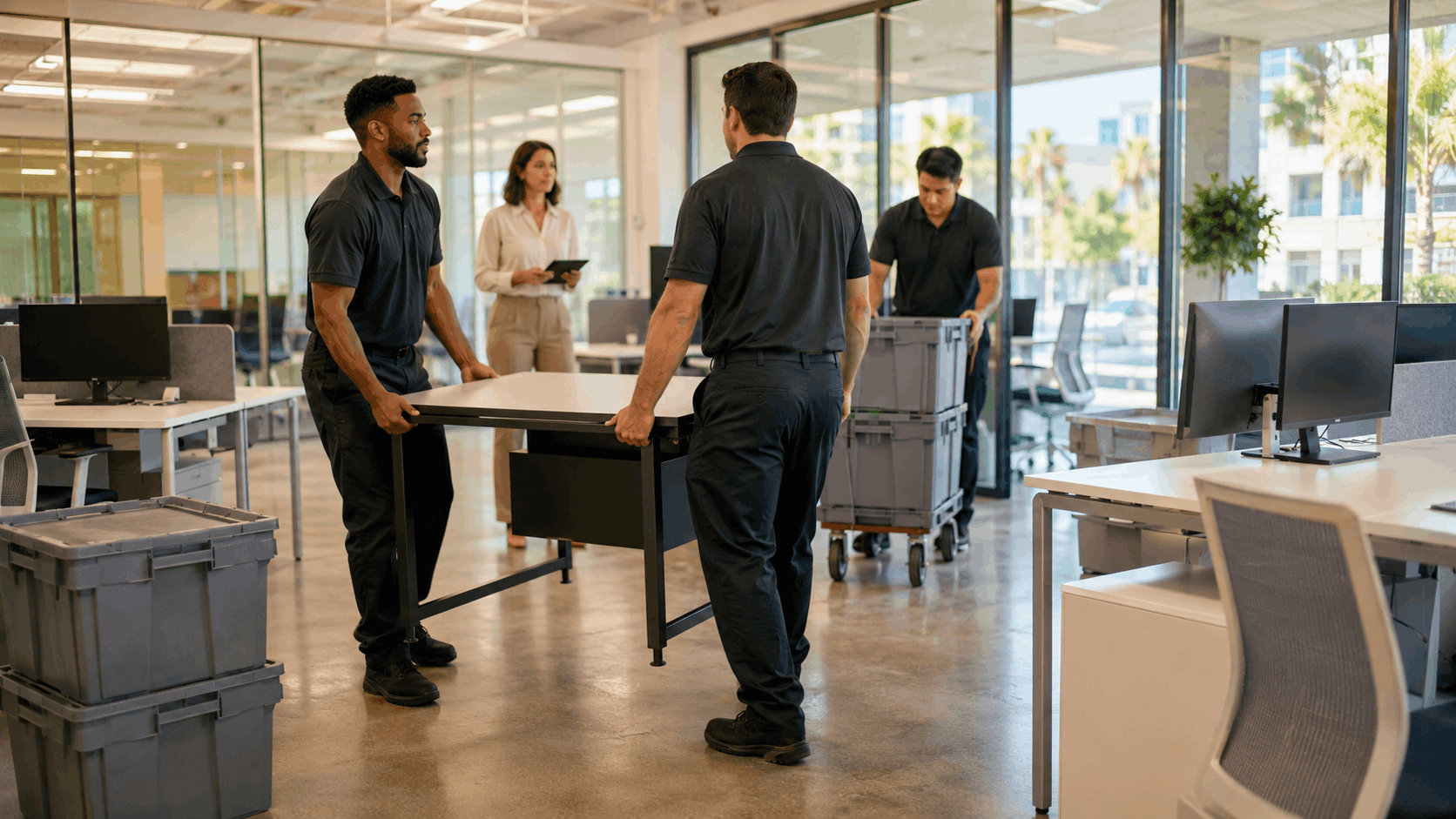 Professional movers relocating office furniture and equipment in modern Los Angeles workspace