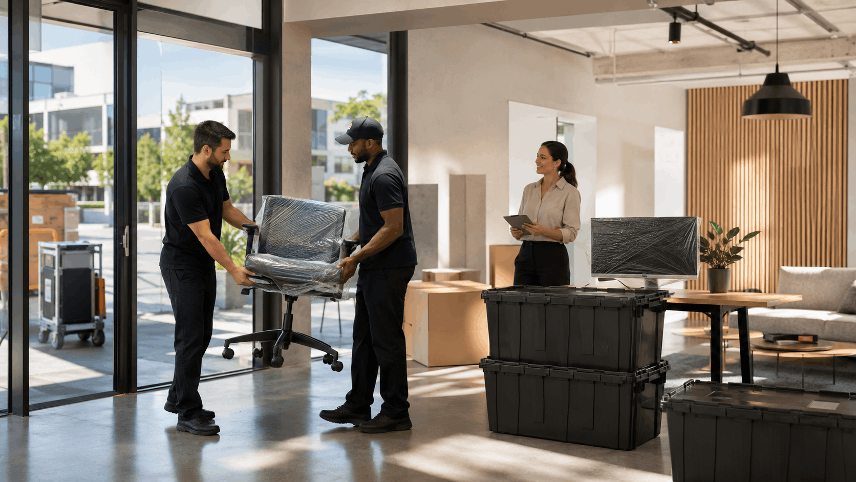 Two movers carrying wrapped office chair during Los Angeles commercial office relocation