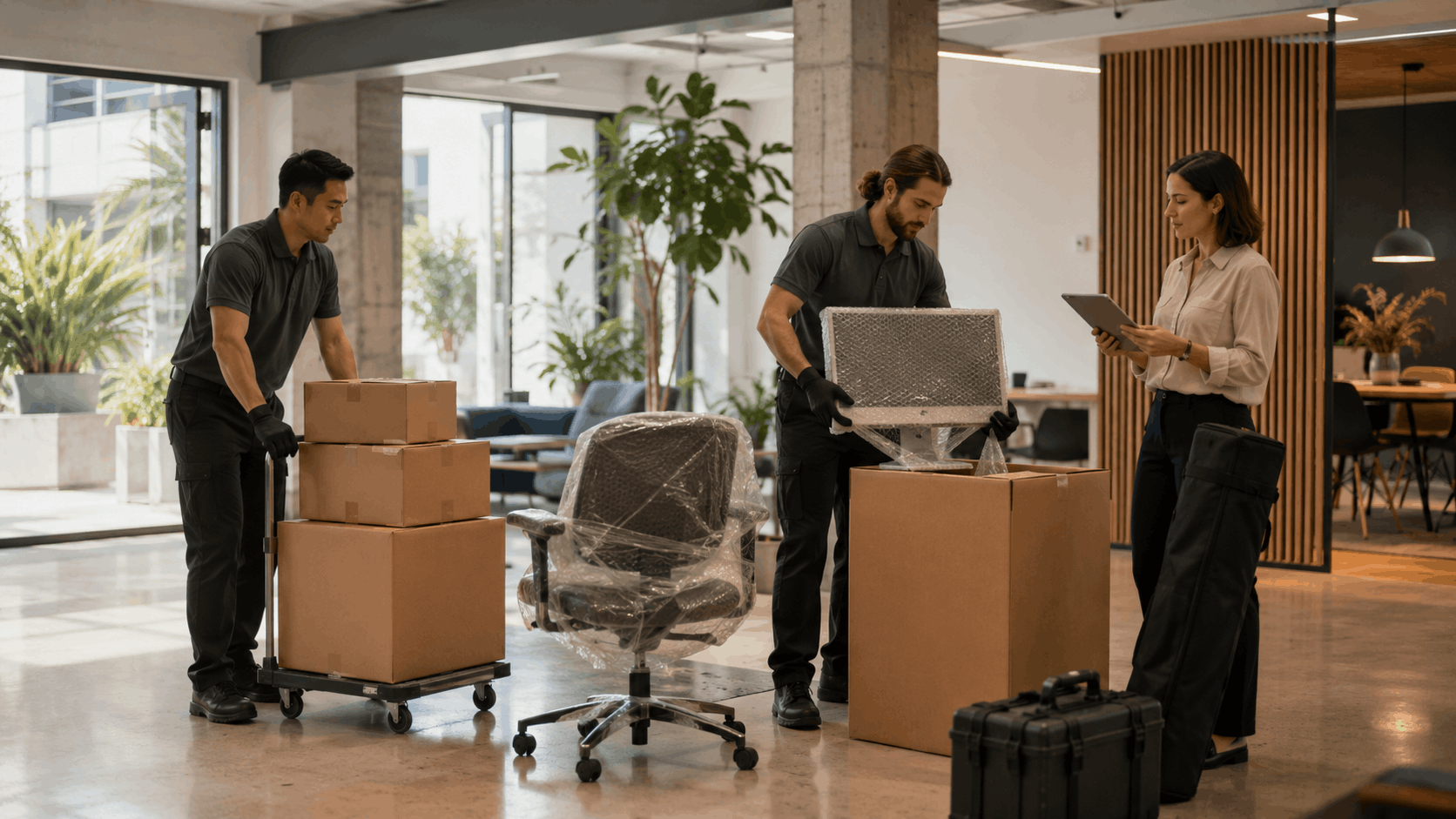 Two movers and supervisor packing office furniture and boxes during Los Angeles office relocation