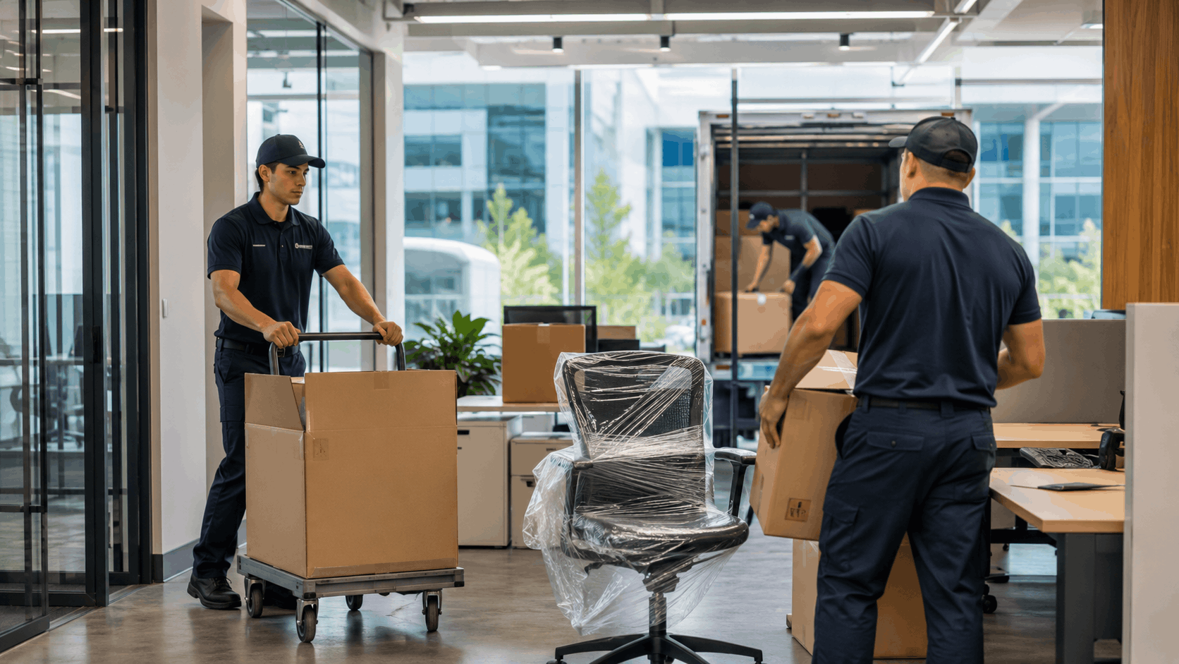 Professional movers in uniform relocating office furniture and boxes in Los Angeles
