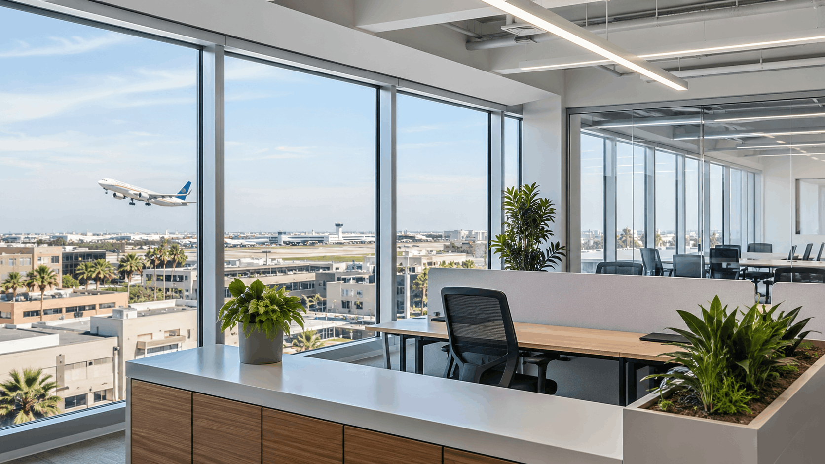 Modern El Segundo office overlooking LAX runway with airplane departing Los Angeles