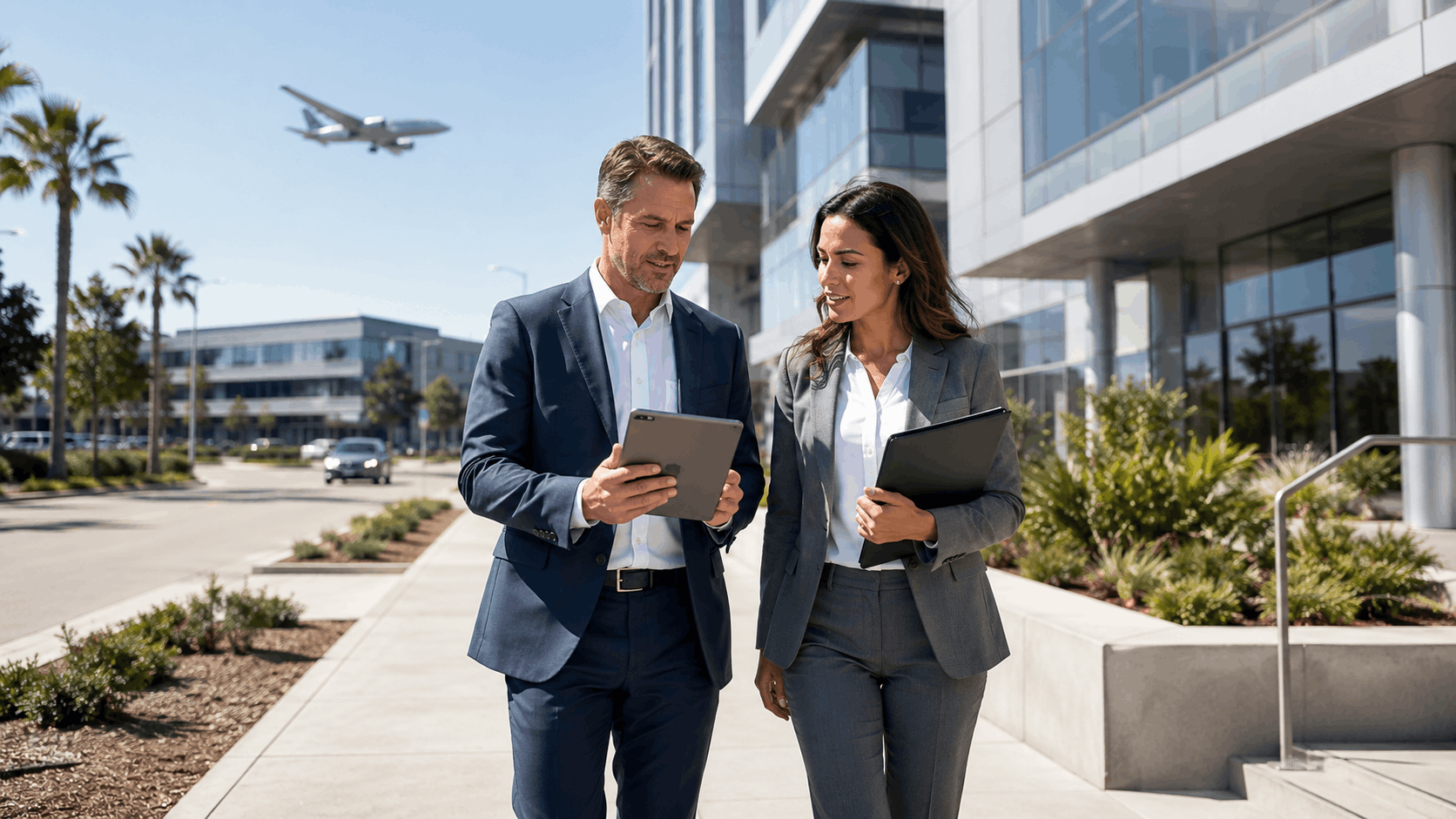 Two business professionals reviewing tablet while walking near LAX airport office buildings