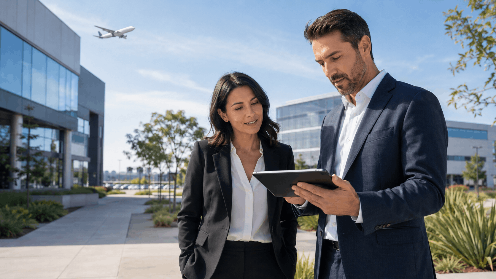 Two business professionals reviewing tablet outdoors near Los Angeles office buildings with airplane overhead