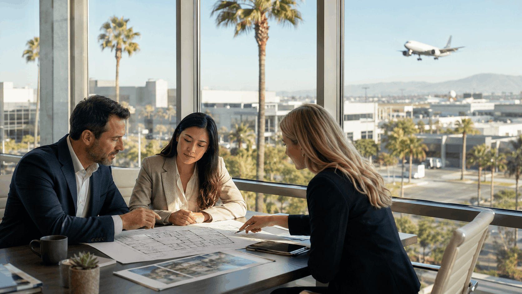 Three business professionals reviewing floor plans in modern LAX corridor office