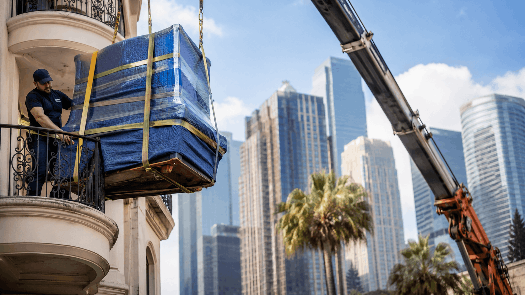Crane lifting wrapped furniture to balcony during Los Angeles high-rise moving service