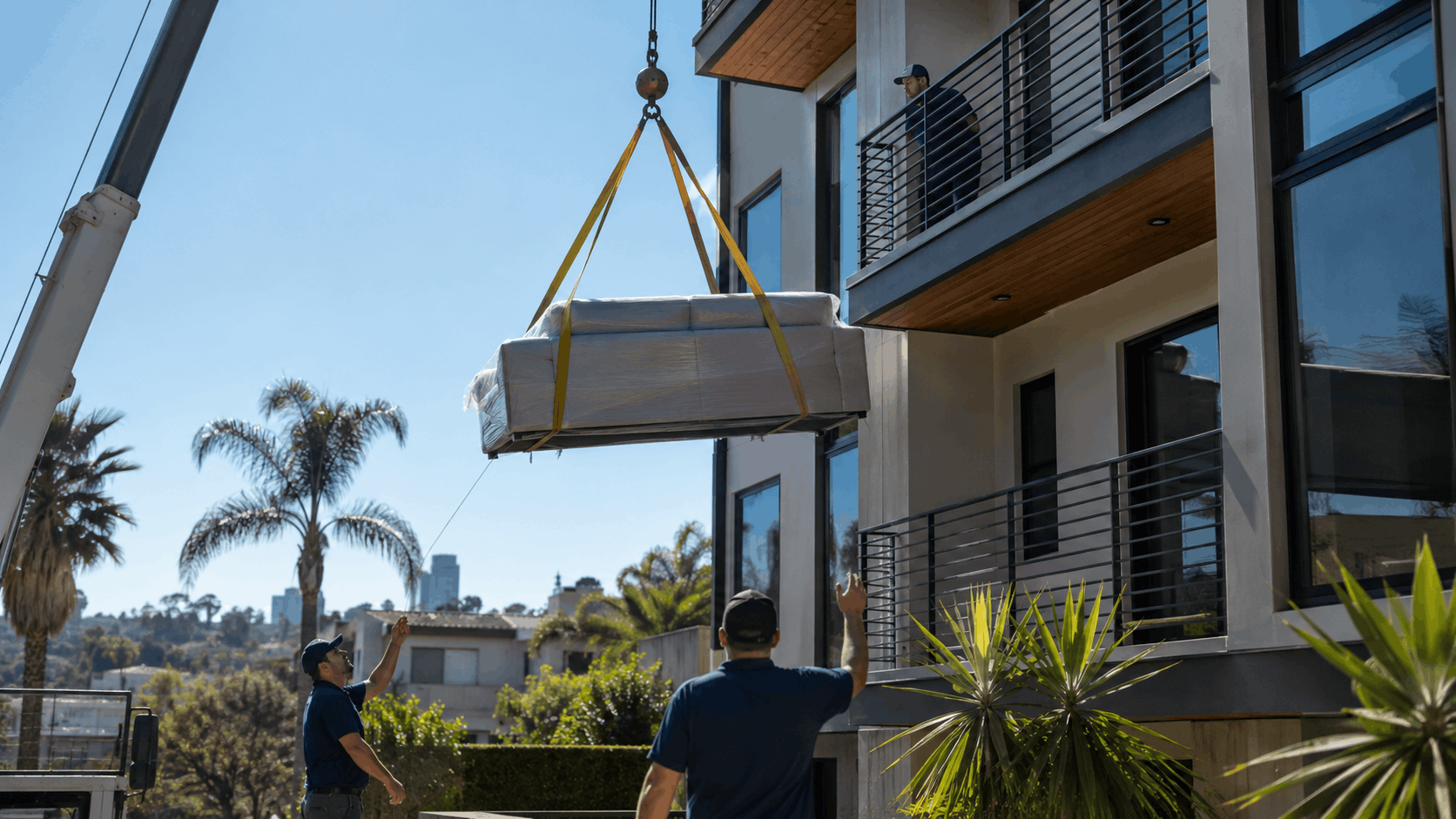 Crane lifting wrapped sofa to upper floor balcony of modern Los Angeles home