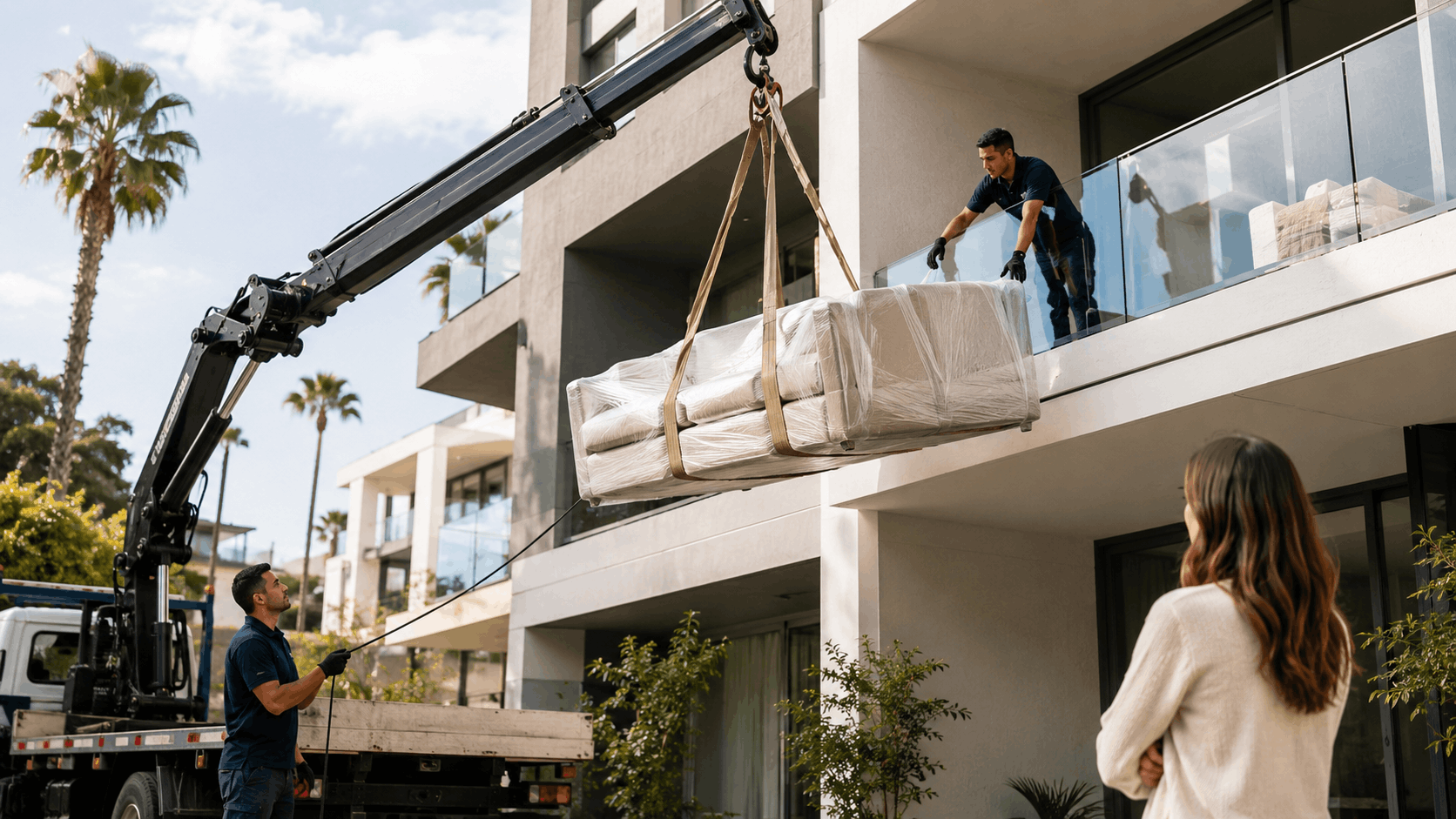 Movers using crane to hoist wrapped sofa onto modern Los Angeles balcony