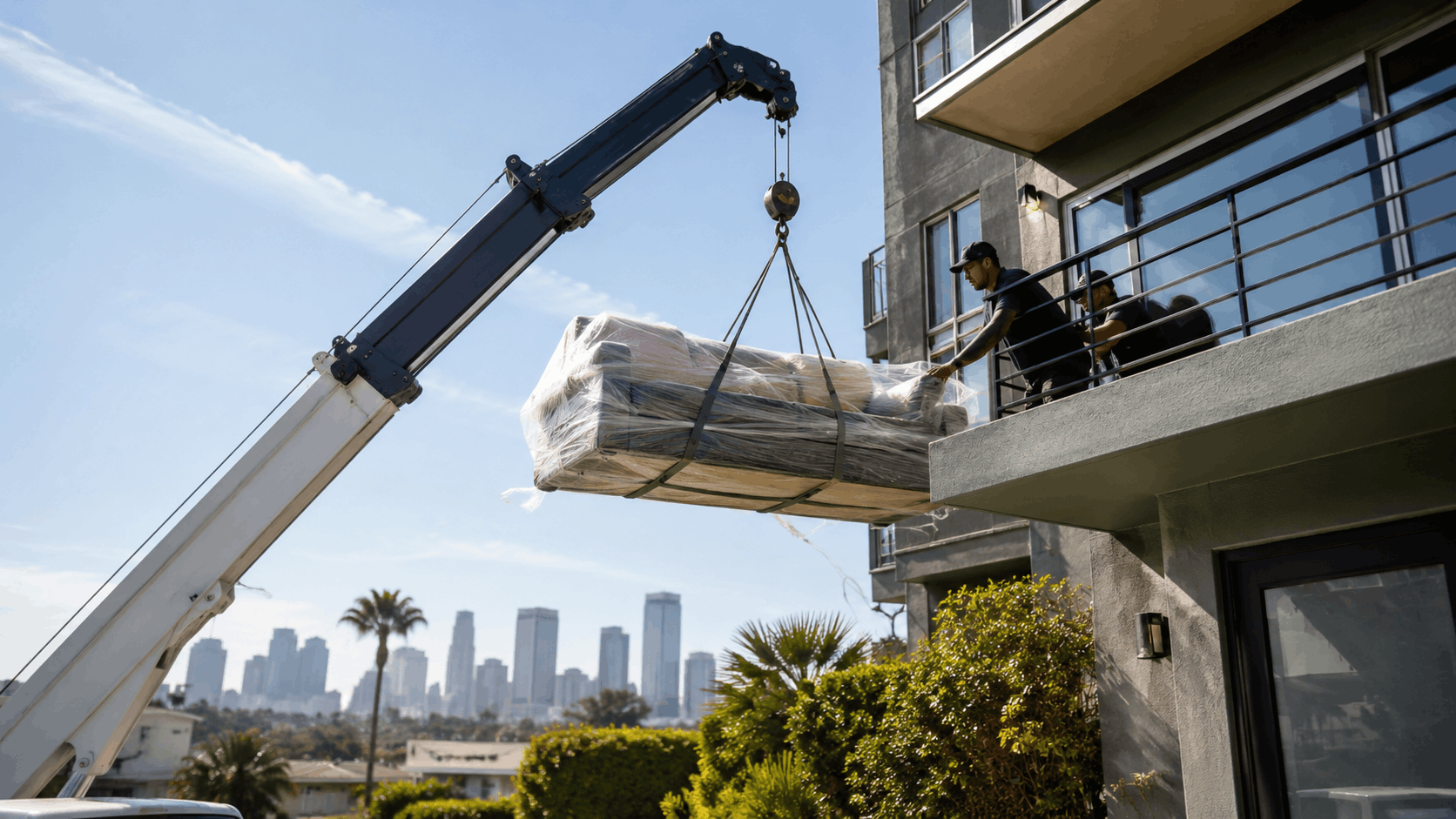 Popeye Moving crew using crane to hoist wrapped sofa onto Los Angeles apartment balcony