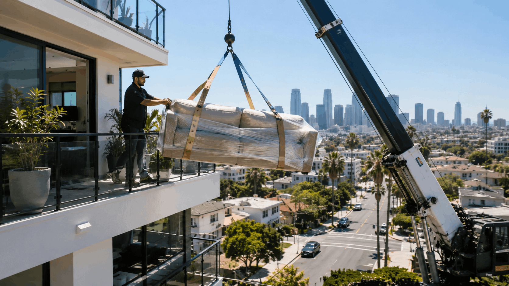 Movers using crane to hoist wrapped sofa onto Los Angeles high-rise balcony