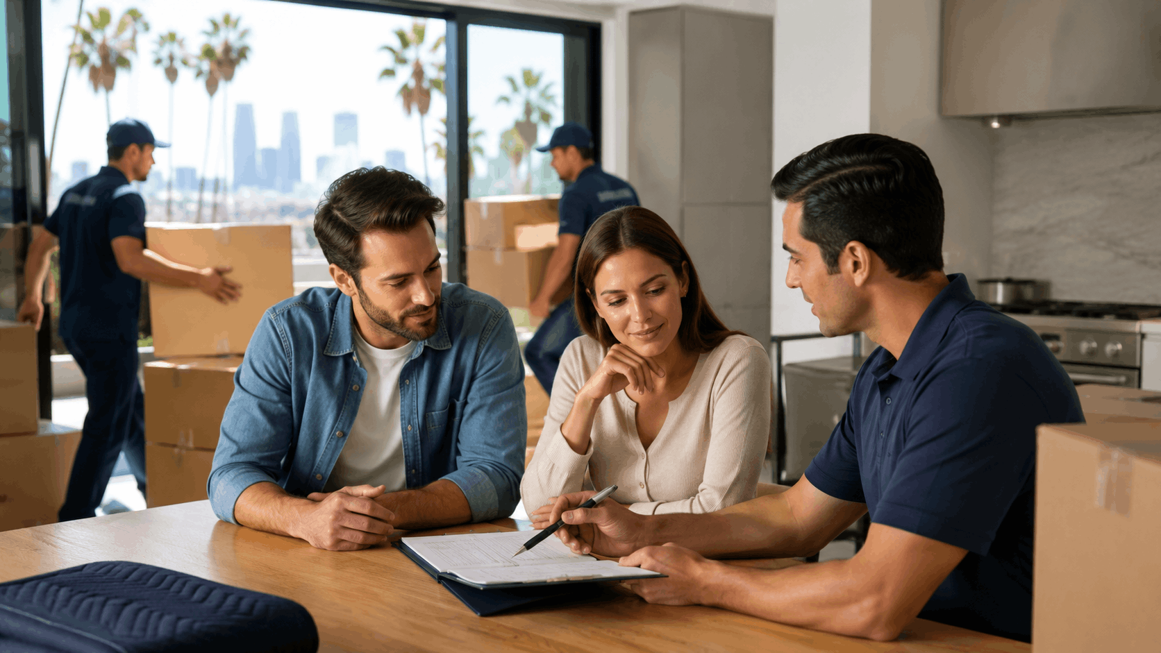 Couple reviewing moving contract with CPUC-licensed Los Angeles mover amid packed boxes