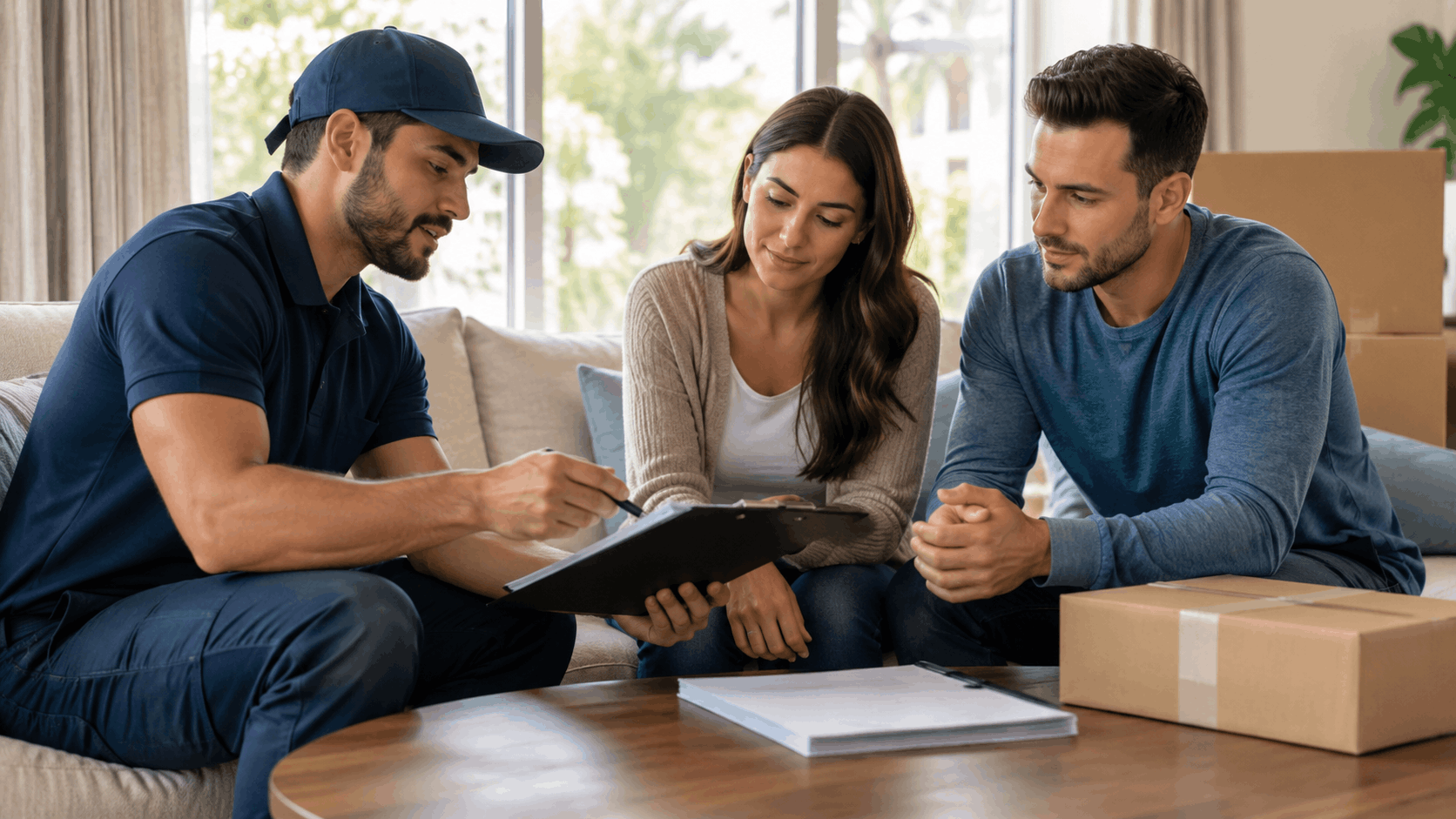 Moving company representative reviewing liability insurance documents with couple during LA relocation