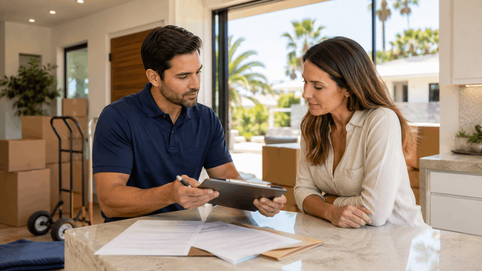 Moving company representative reviewing contract with customer at kitchen counter Los Angeles