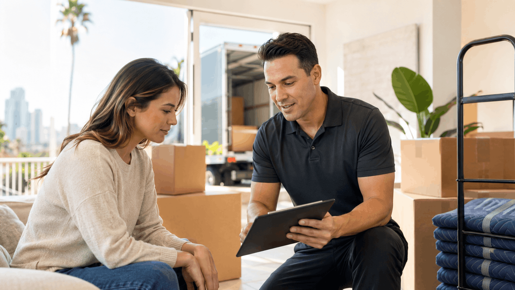 Moving company representative showing customer a tablet while surrounded by boxes and moving truck