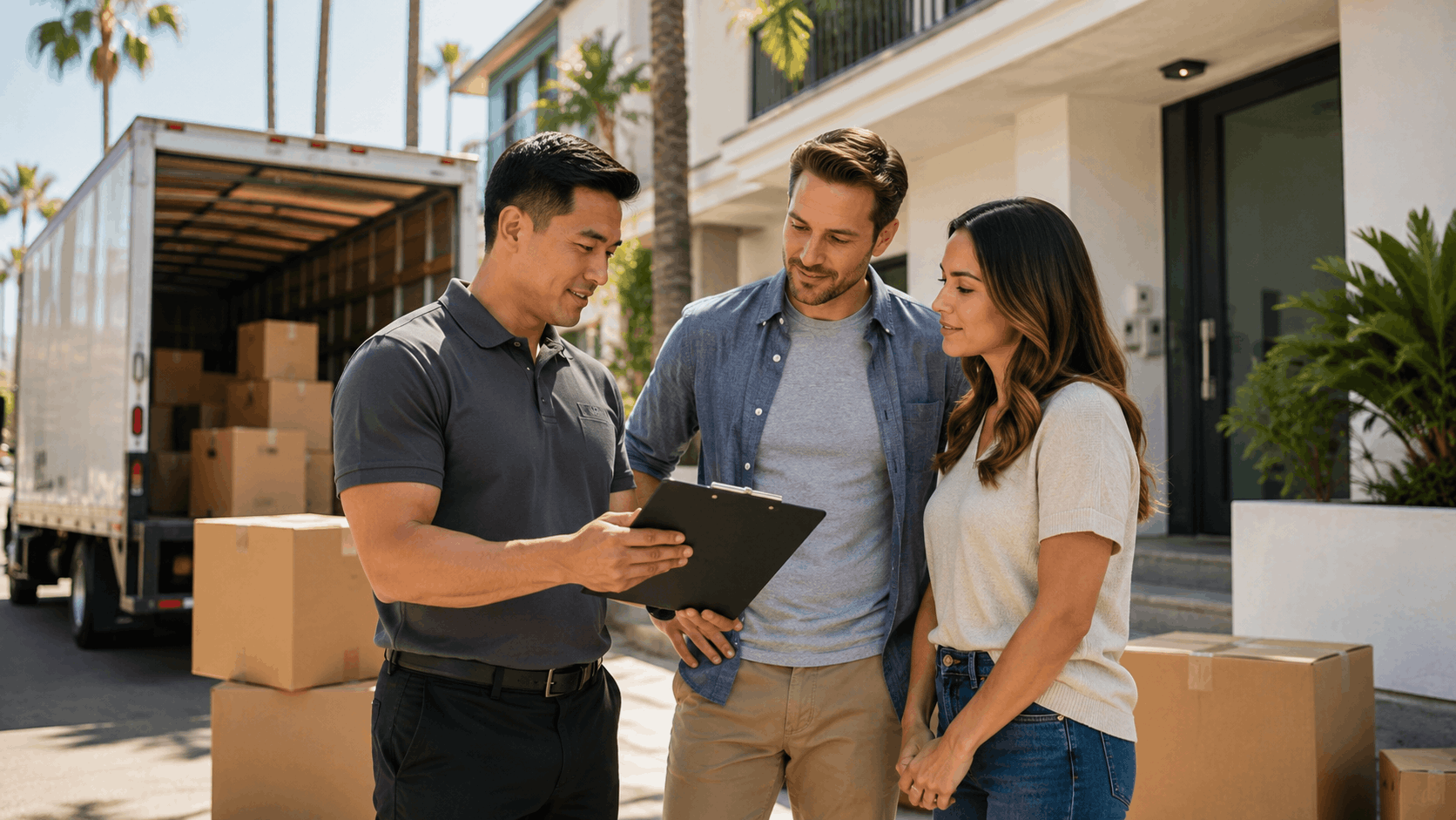 Moving company representative reviewing clipboard with couple outside Los Angeles home during relocation