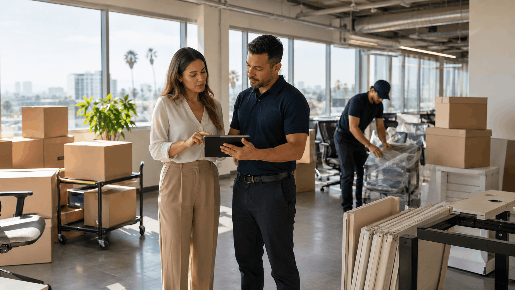 Two professionals reviewing tablet during Los Angeles office relocation with movers packing boxes