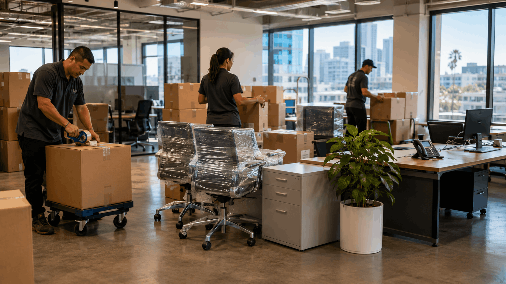 Professional movers packing and wrapping office furniture during Los Angeles commercial relocation