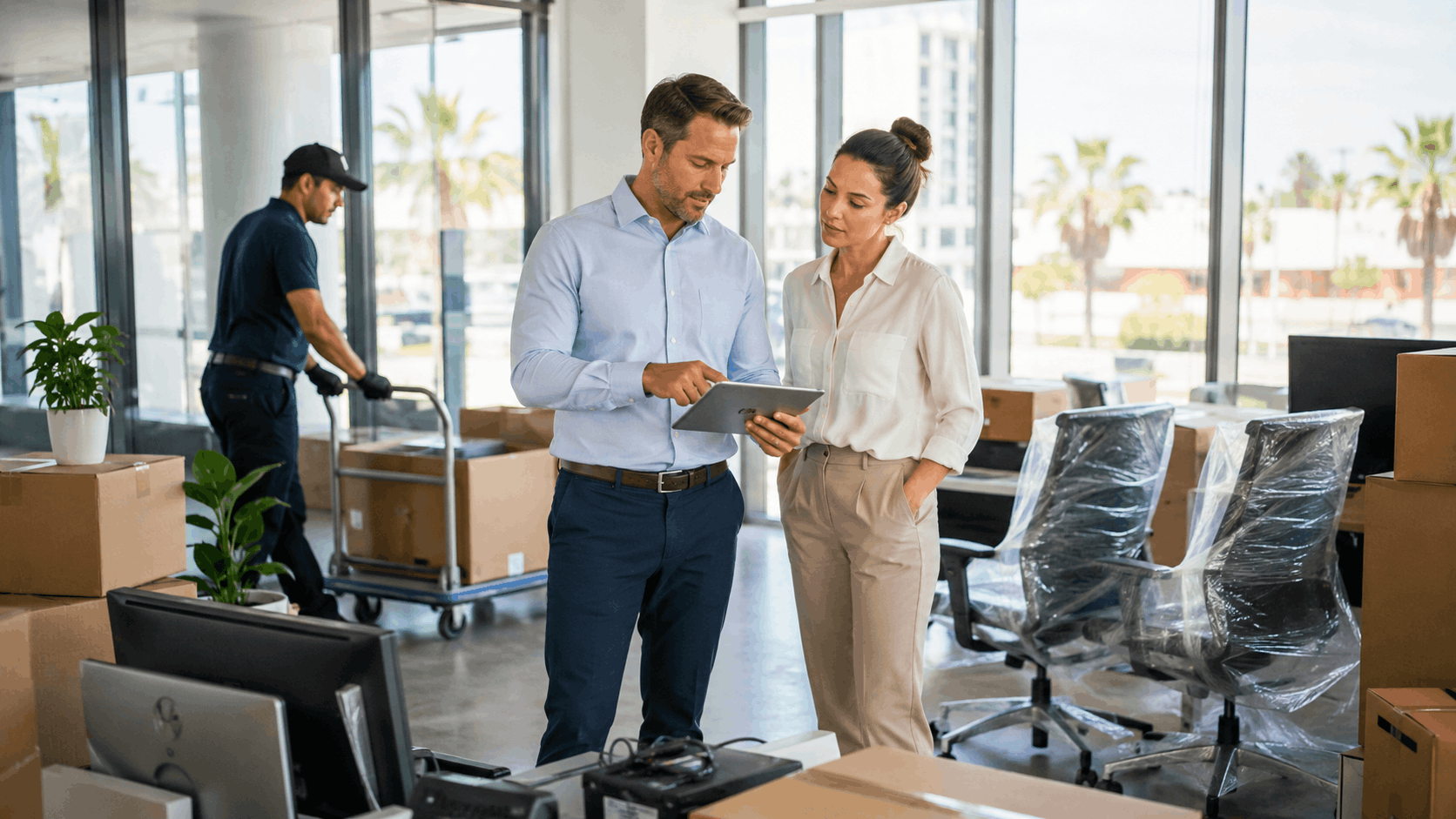 Two business professionals reviewing tablet during Los Angeles office relocation with mover