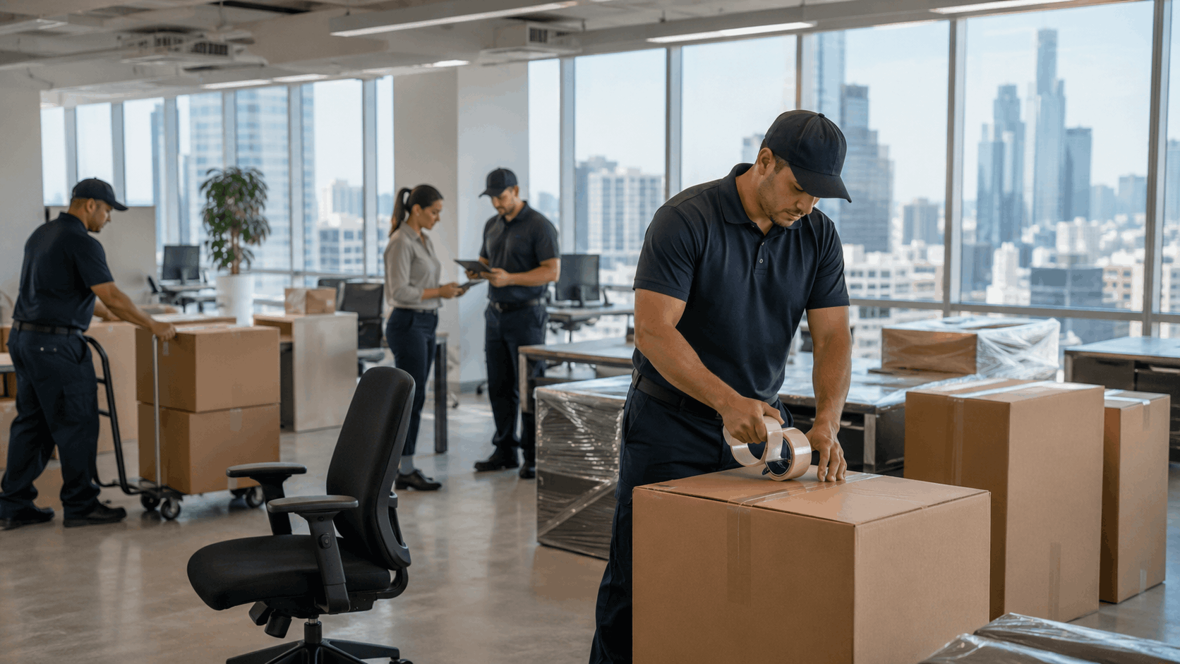 Professional movers packing cardboard boxes during Los Angeles office relocation
