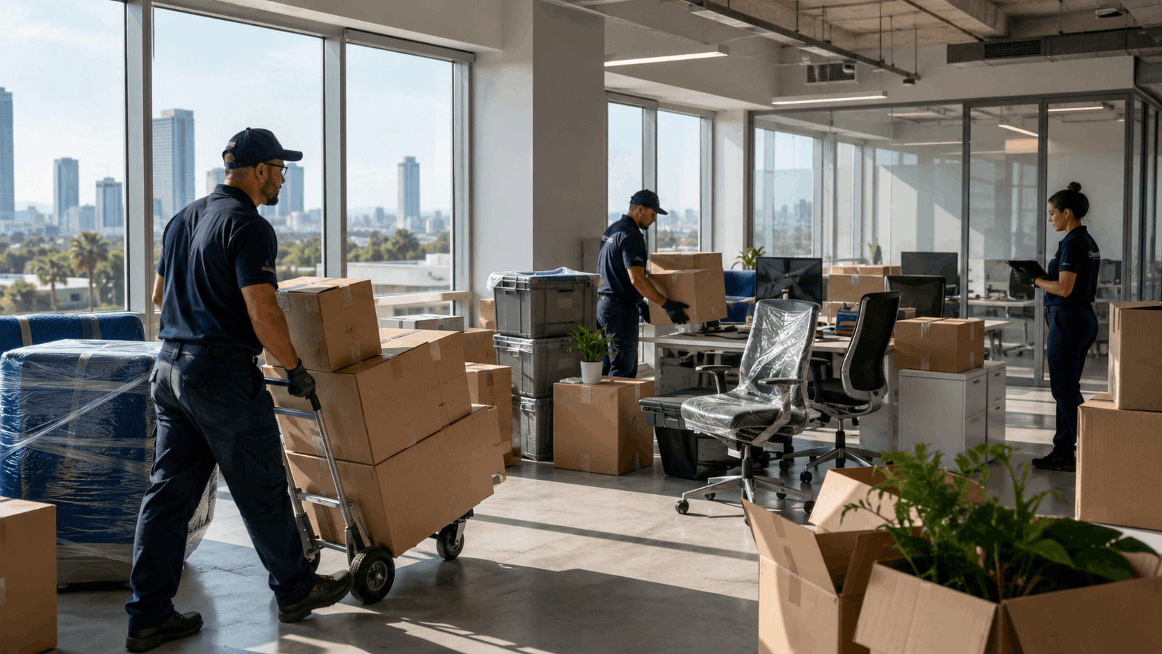 Professional movers relocating office furniture and boxes in modern Los Angeles high-rise building