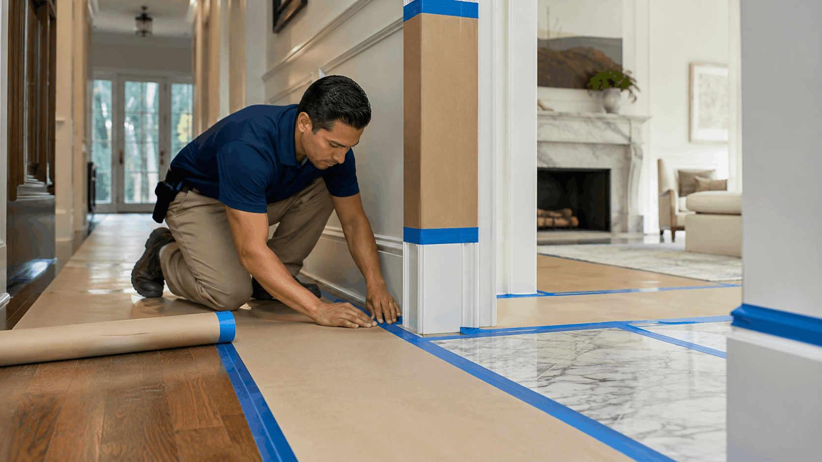 Professional mover laying protective kraft paper over hardwood and marble floors with blue tape