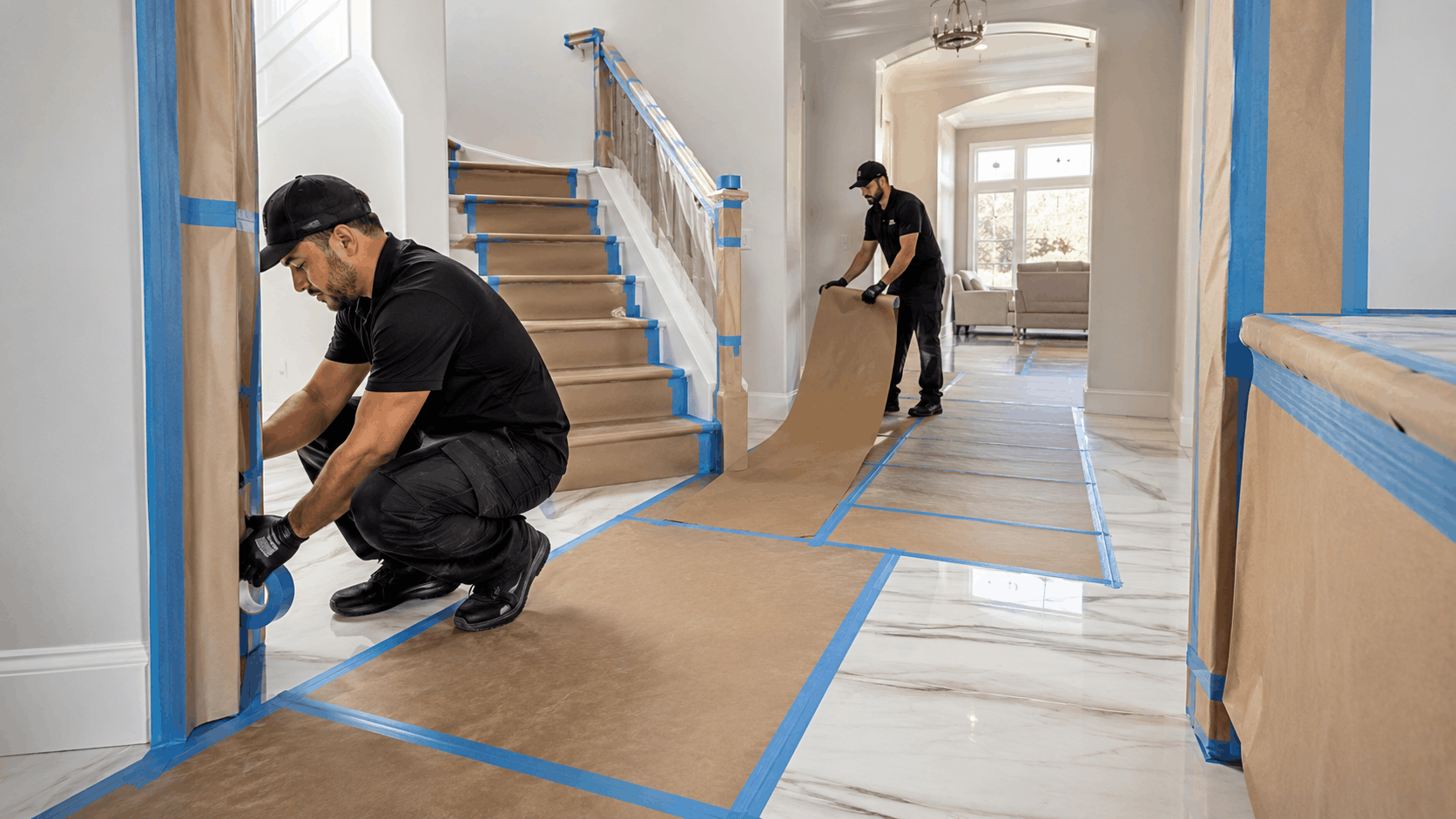 Two movers laying protective kraft paper over marble floors with blue painter's tape