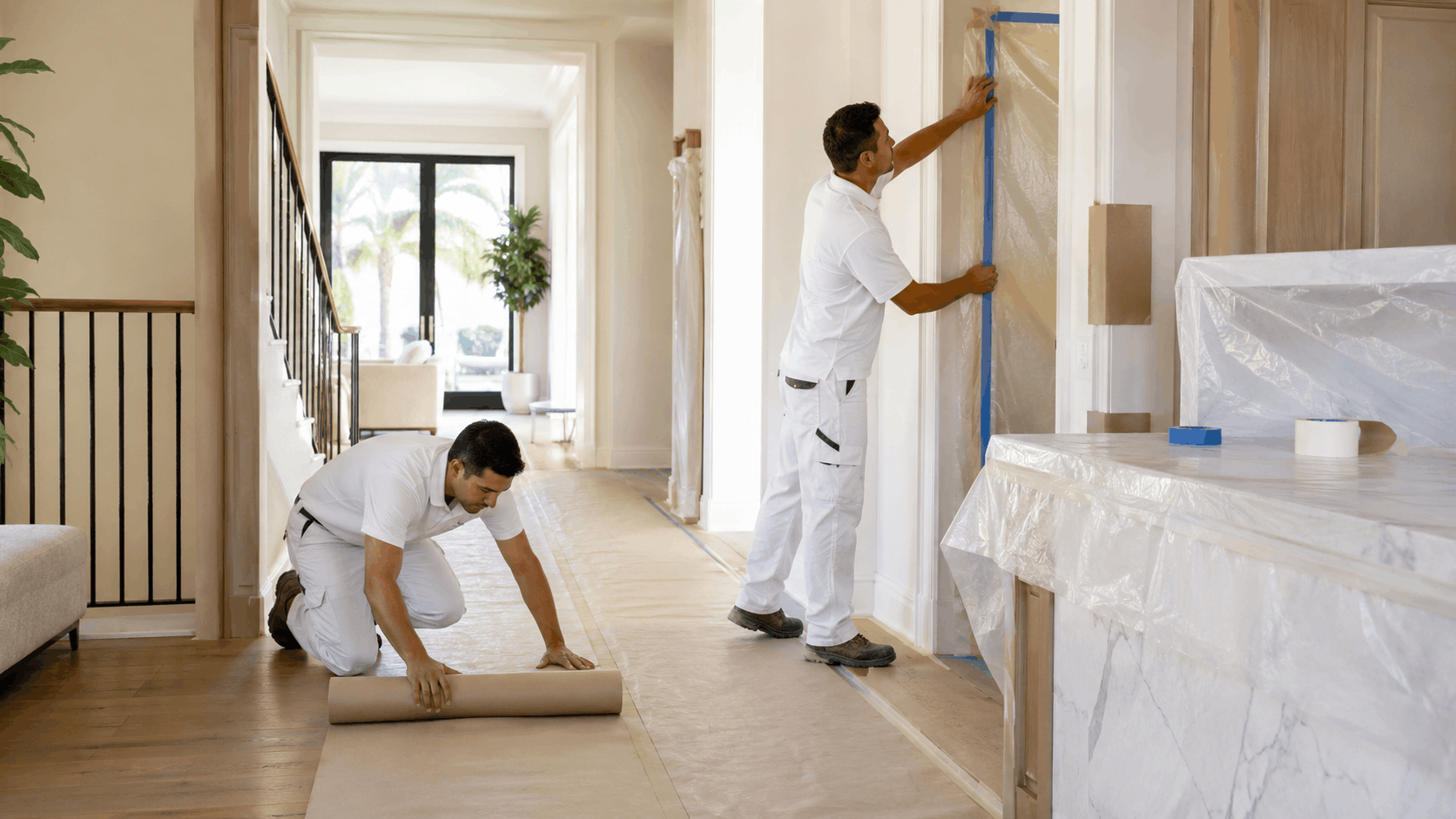 Two professional movers in white uniforms wrapping and protecting home interior before relocation