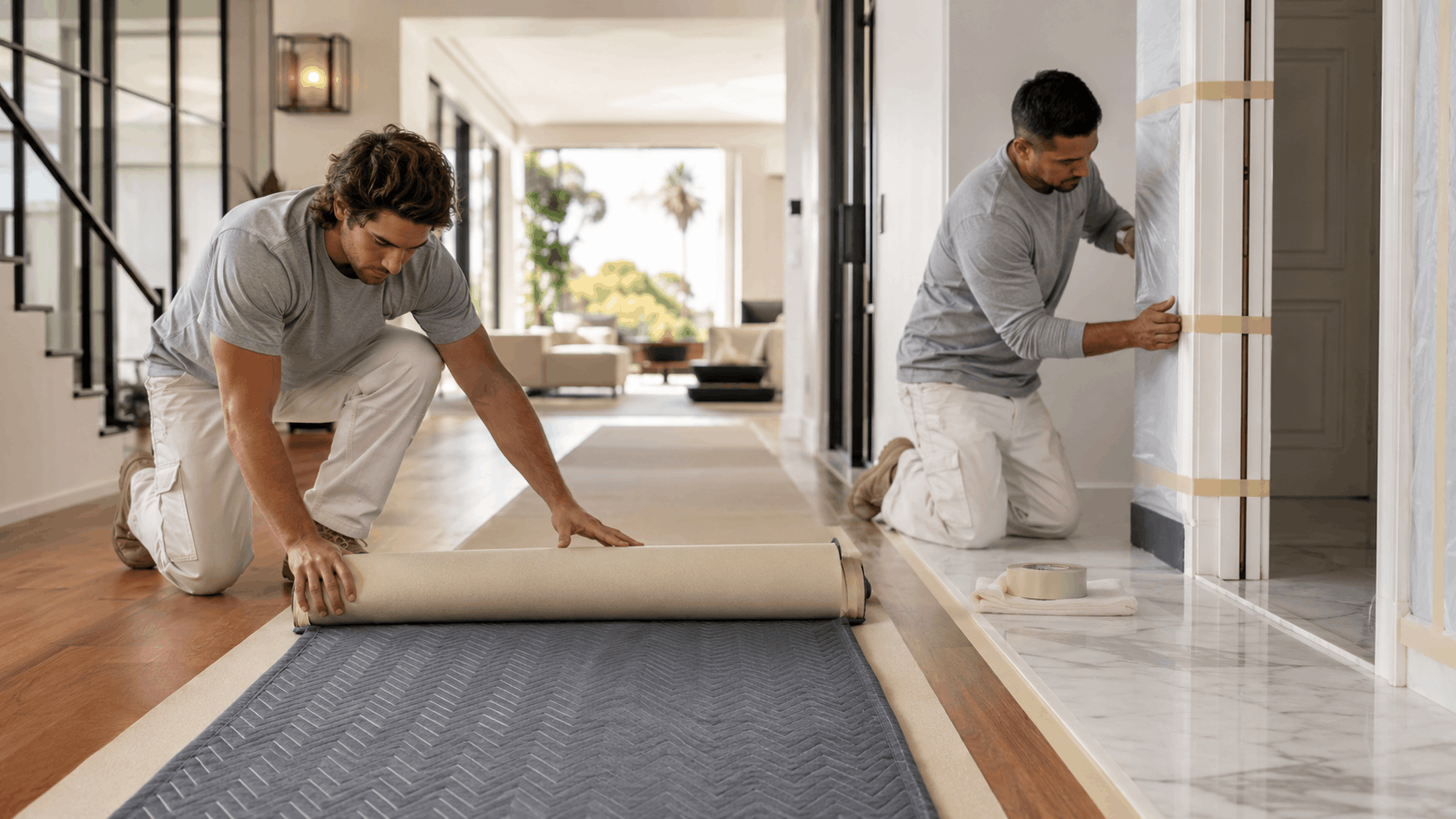 Two Popeye Moving workers protecting Los Angeles home floors and walls with padding