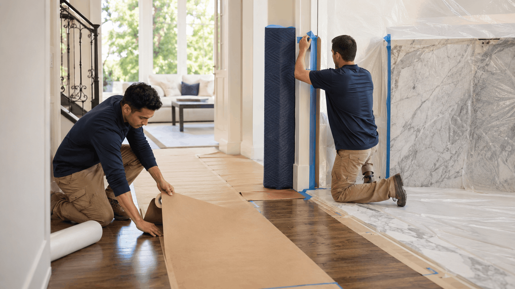 Two Popeye Moving crew members protecting floors and walls with paper and blue tape