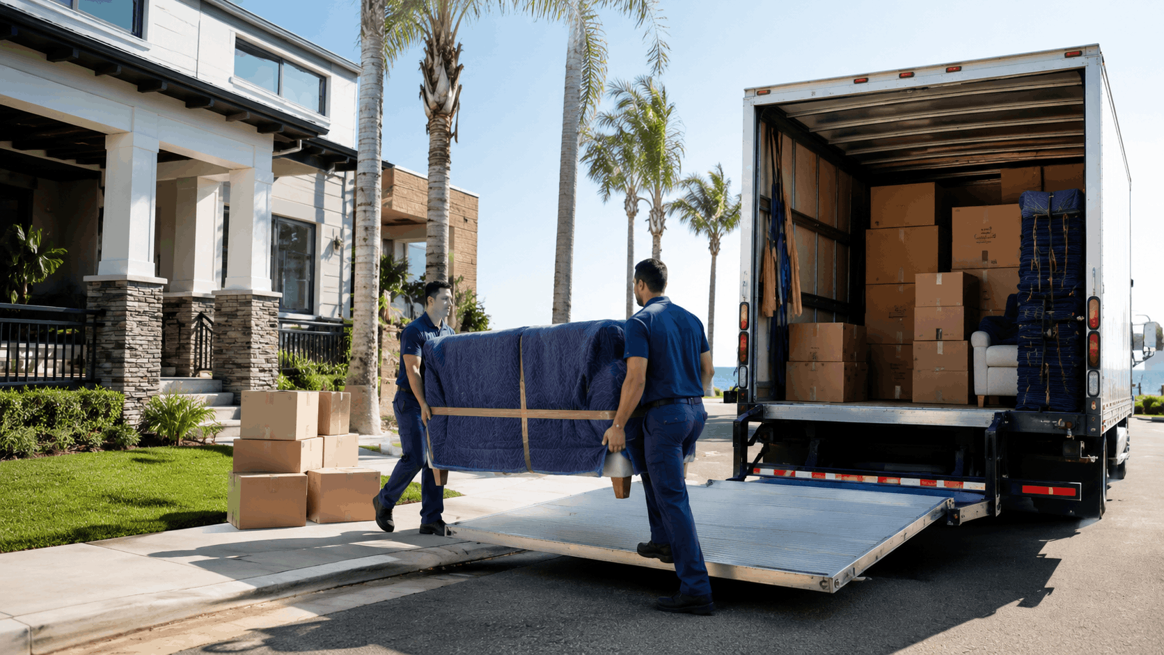 Two professional movers in blue uniforms loading furniture into moving truck outside luxury Los Angeles home