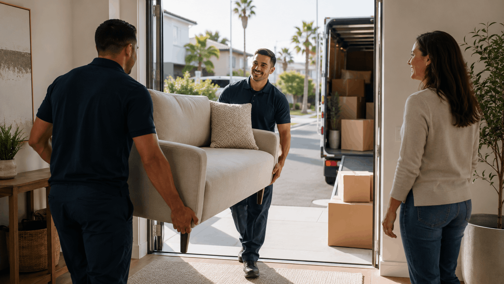 Two professional movers carrying a sofa into a home during a Del Rey Los Angeles move
