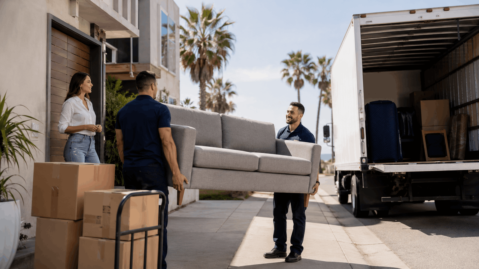 Two movers carrying gray sofa from truck to modern Los Angeles home