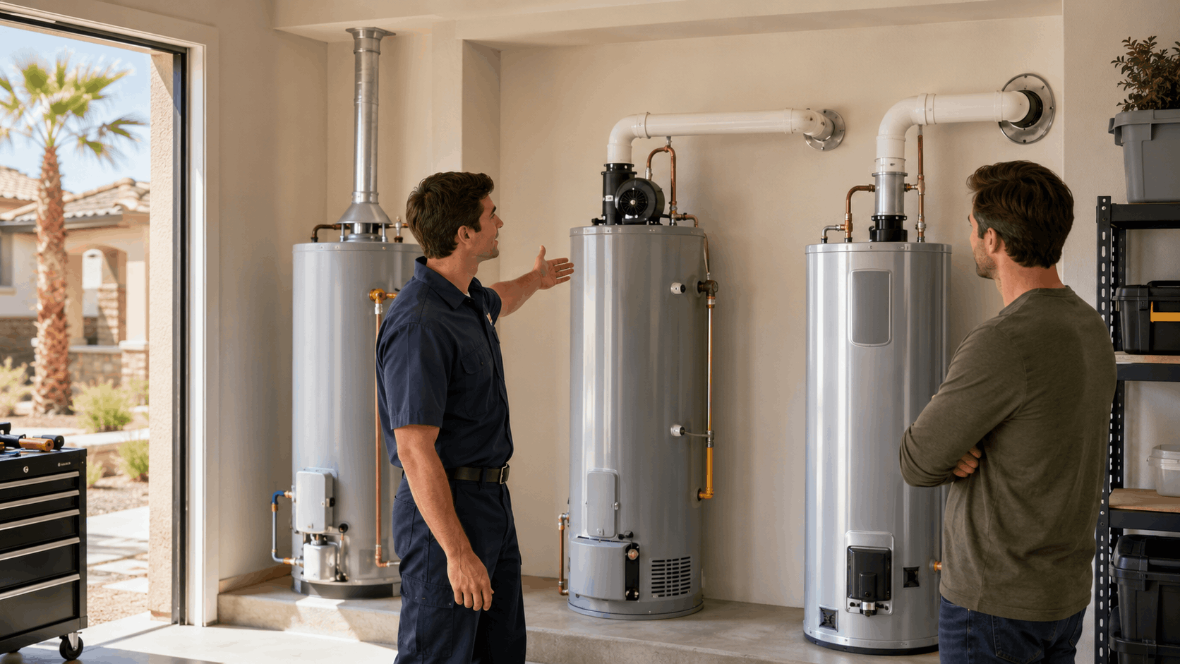 Plumber explaining water heater options to homeowner in sunny garage setting