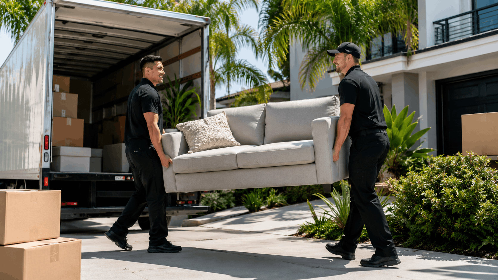 Two professional Popeye Moving movers carrying gray sofa from truck in Los Angeles