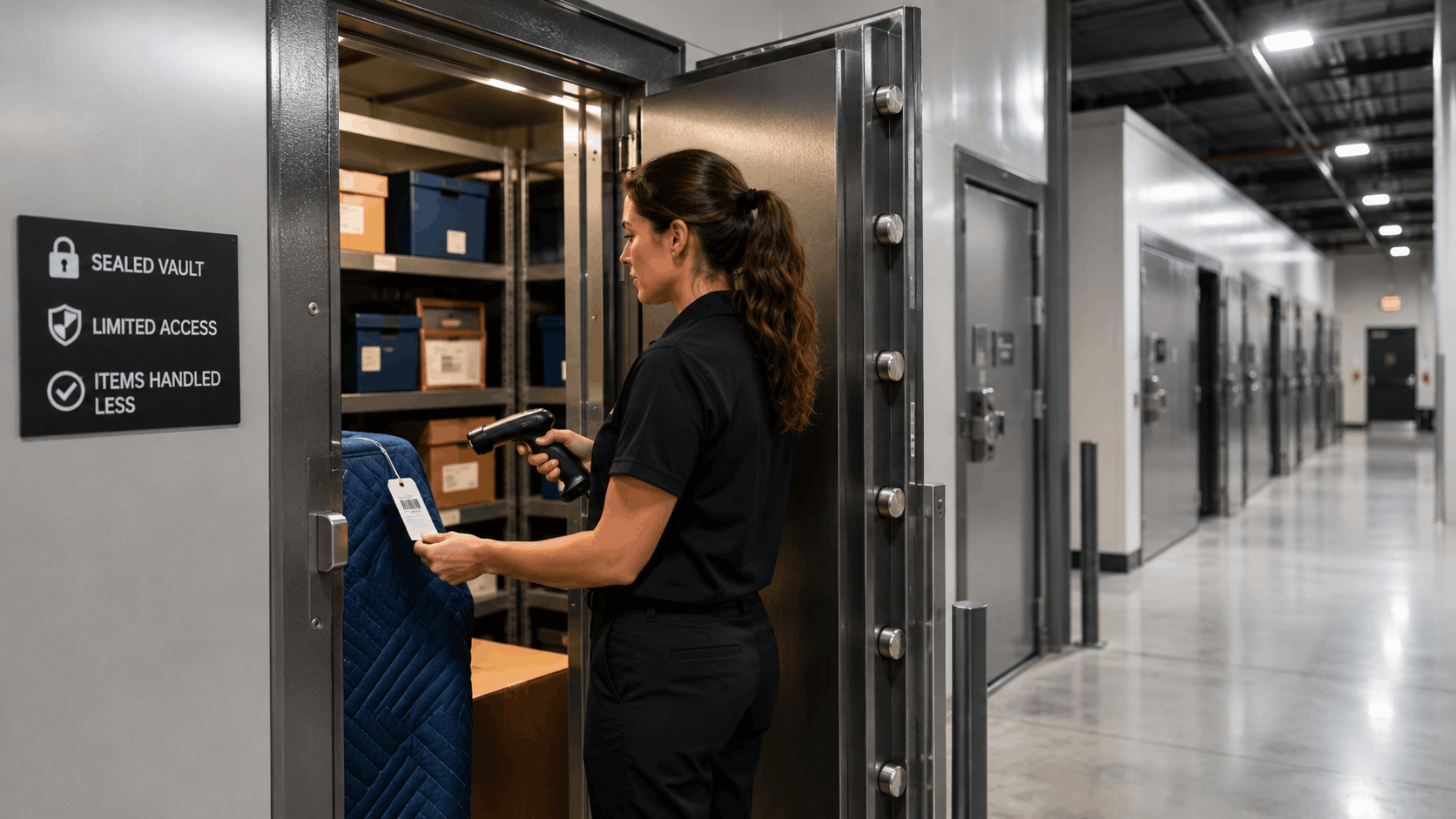 Female warehouse worker scanning barcode tag inside open sealed vault storage unit