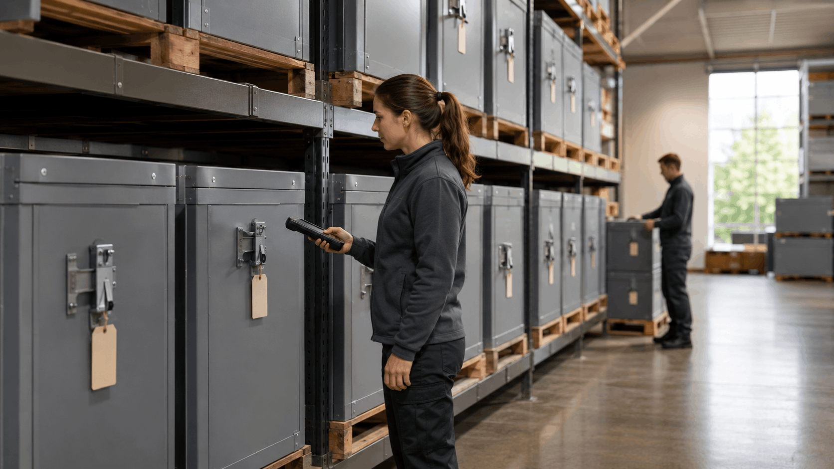 Warehouse workers scanning inventory tags on stacked gray storage containers in Los Angeles facility